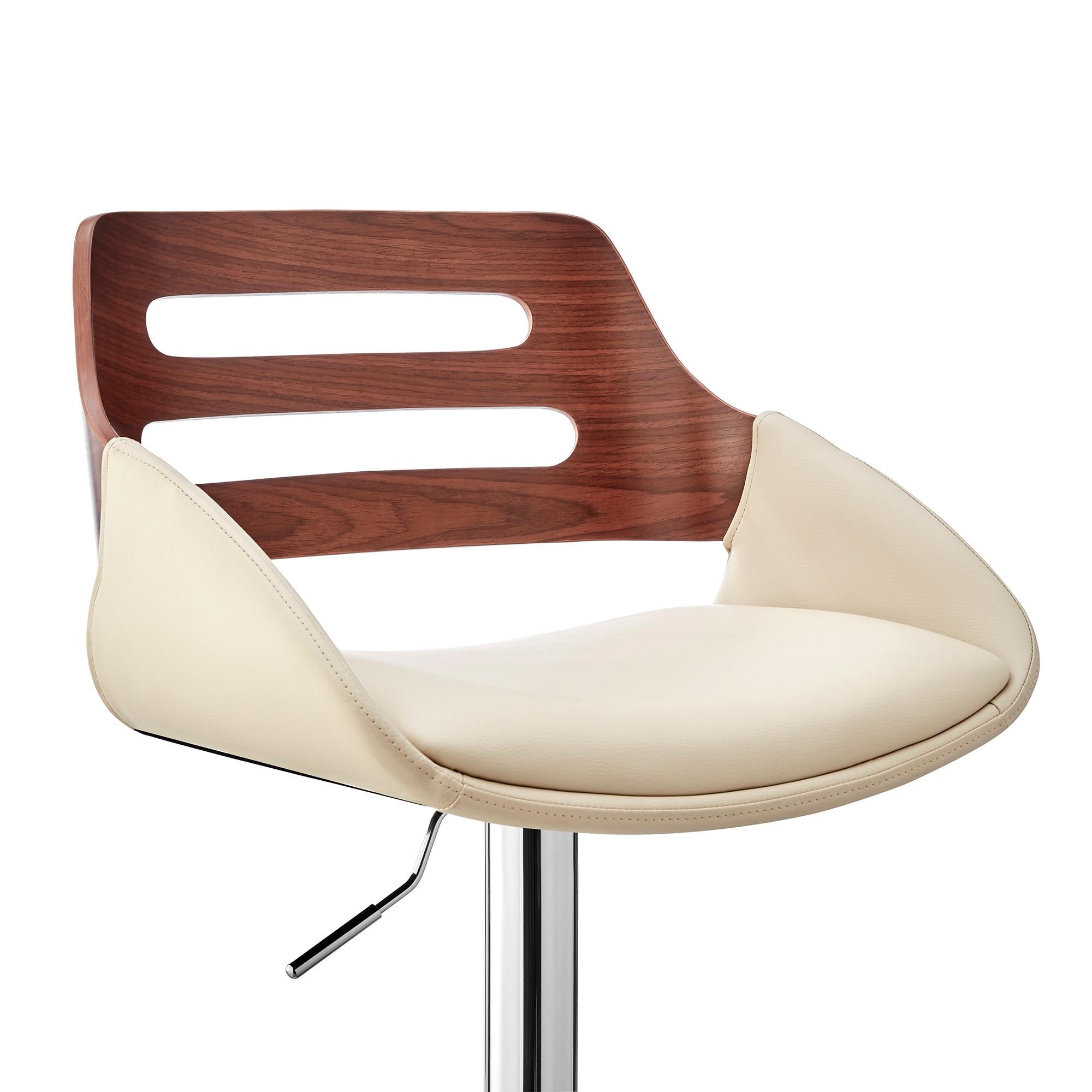 Cream Faux Leather and Walnut Wood Adjustable Bar Stool