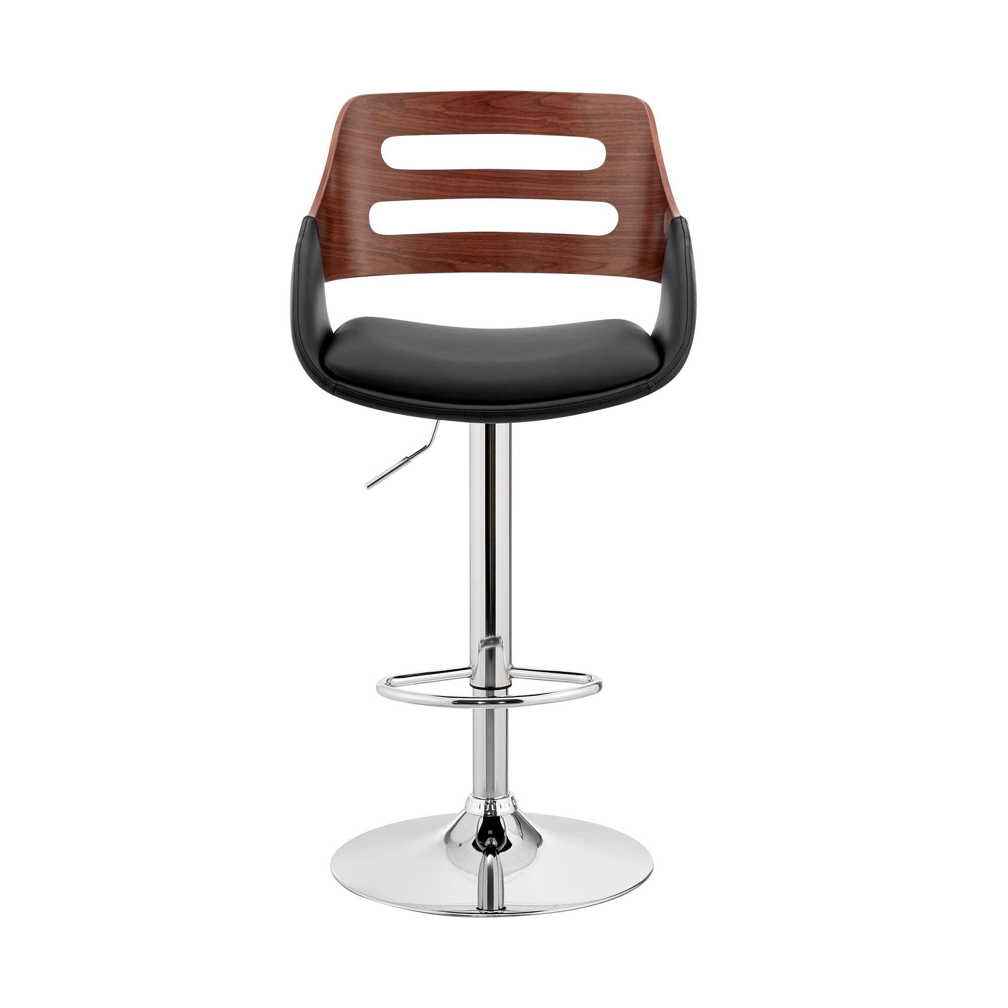 Black Faux Leather and Walnut Wood Adjustable Bar Stool