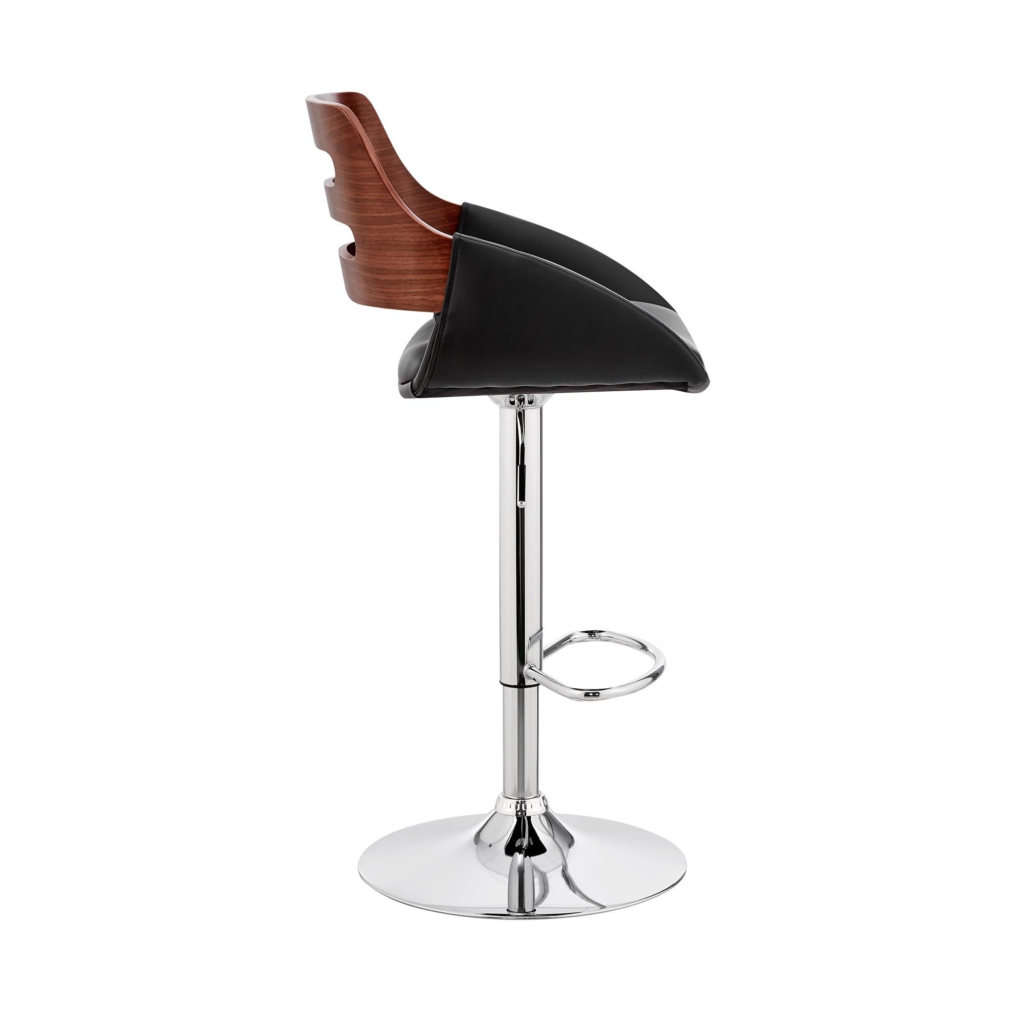 Black Faux Leather and Walnut Wood Adjustable Bar Stool