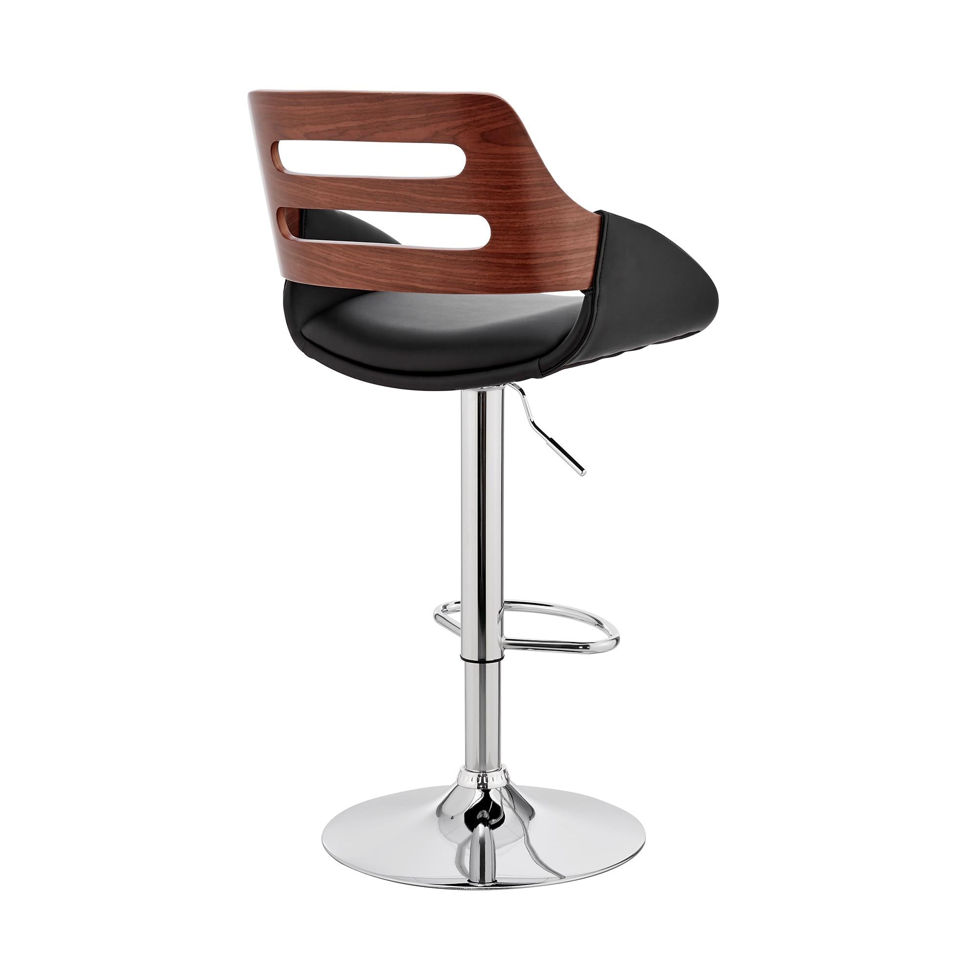 Black Faux Leather and Walnut Wood Adjustable Bar Stool