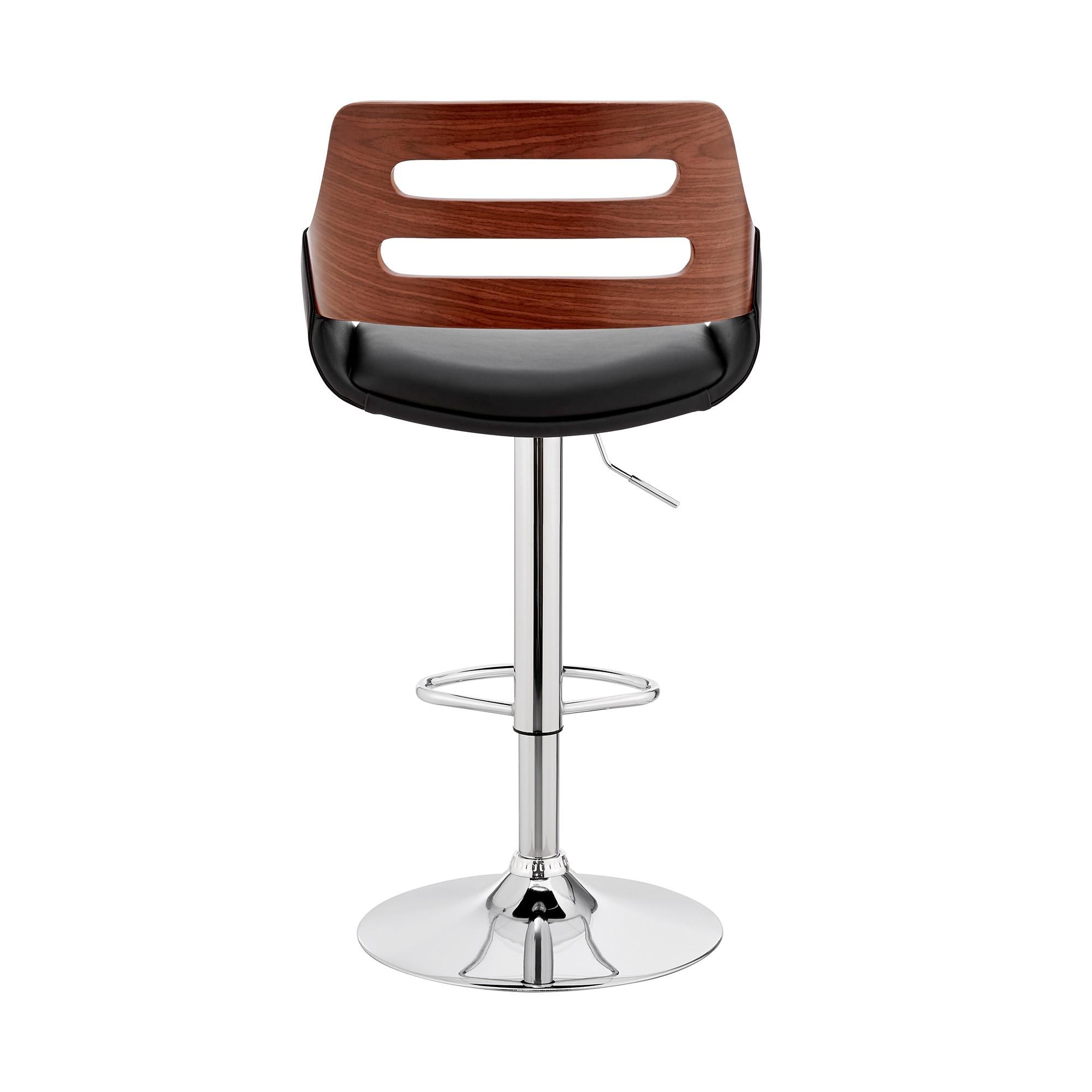 Black Faux Leather and Walnut Wood Adjustable Bar Stool