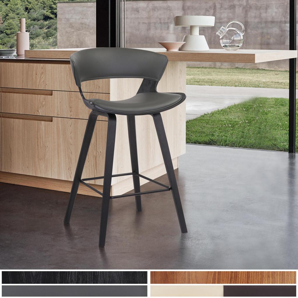 Gray Faux Leather and Wood Modern Bar Stool