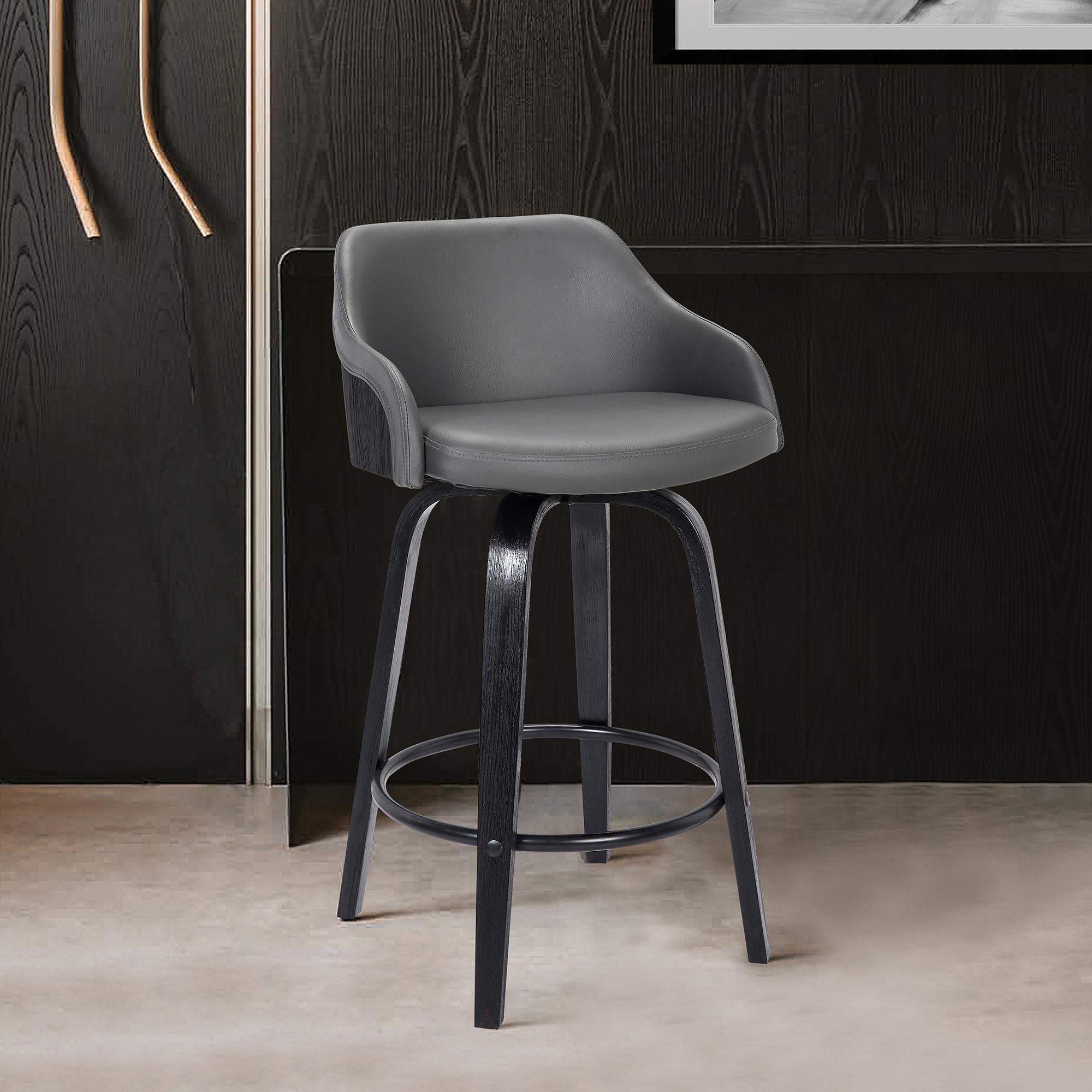 30” Gray Swivel Faux Leather Black Wooden Bar Stool