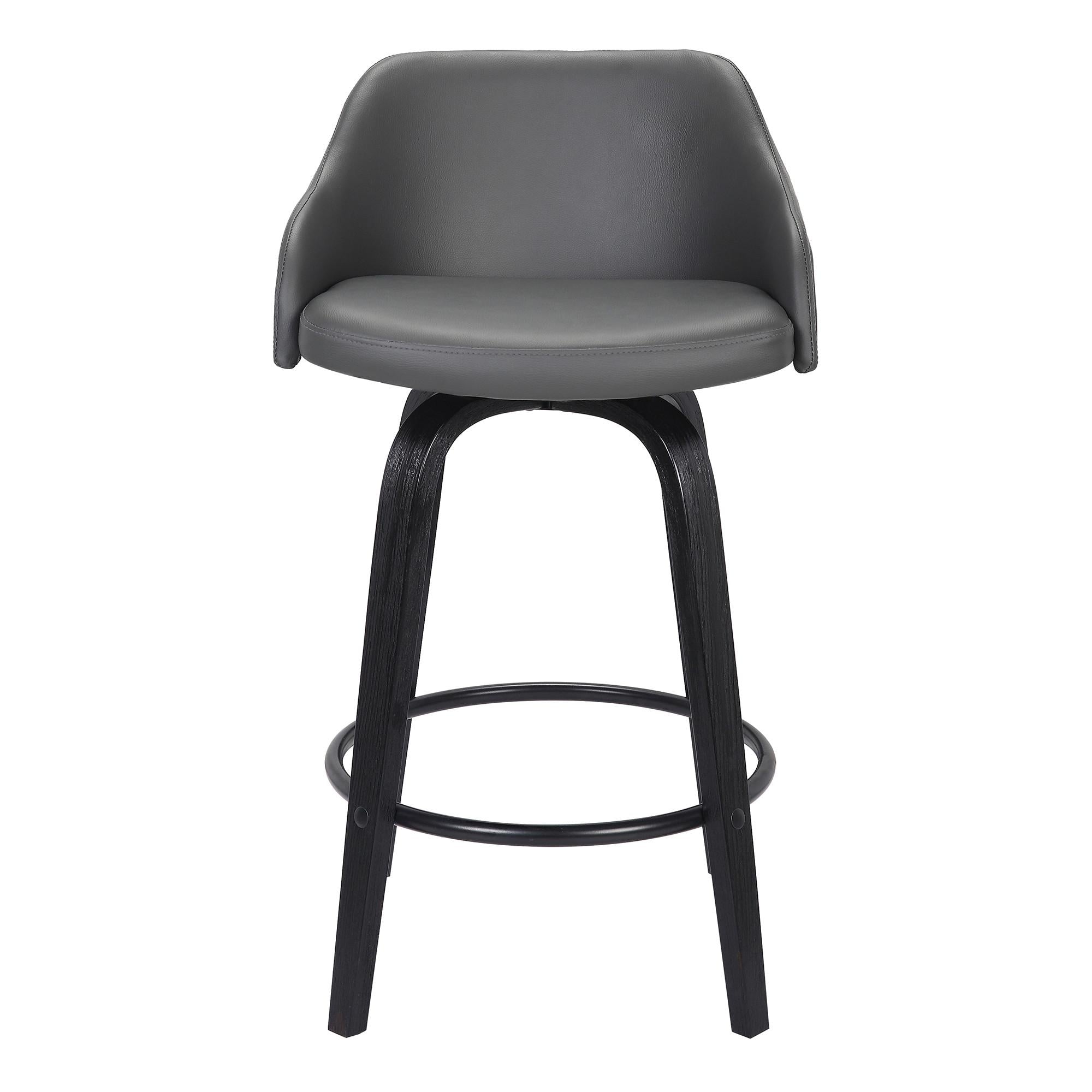 30” Gray Swivel Faux Leather Black Wooden Bar Stool