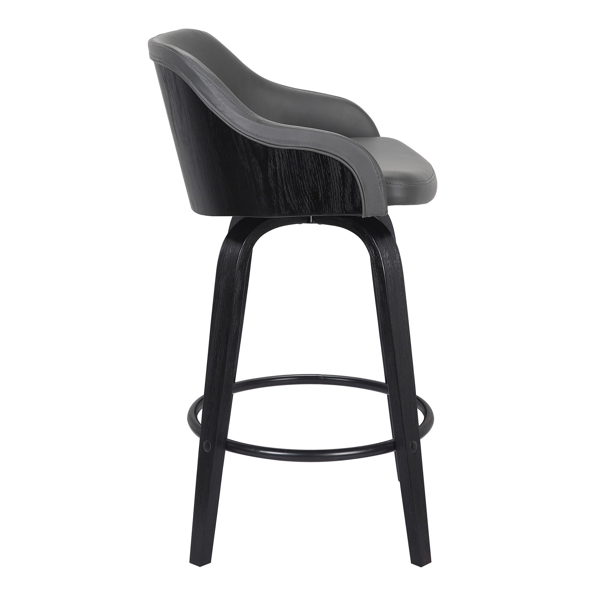 30” Gray Swivel Faux Leather Black Wooden Bar Stool