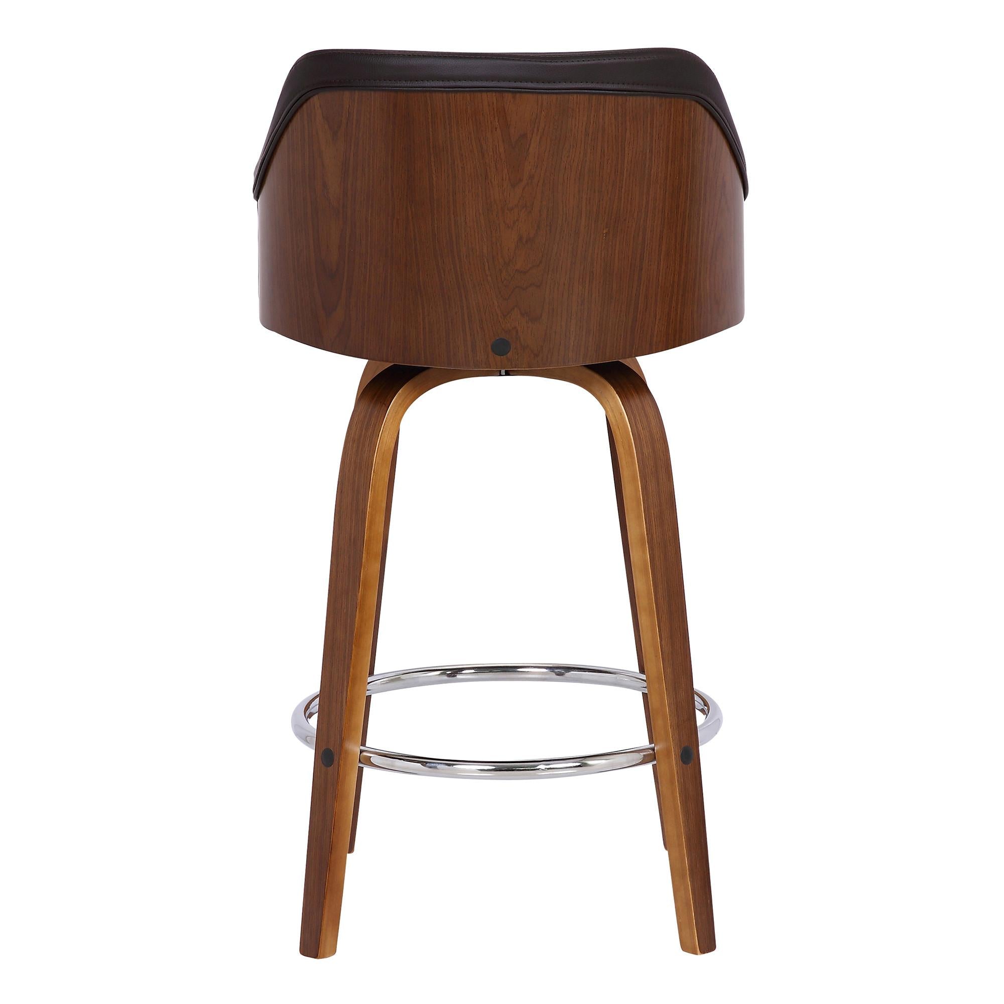 30” Brown Swivel Faux Leather Walnut Wooden Bar Stool