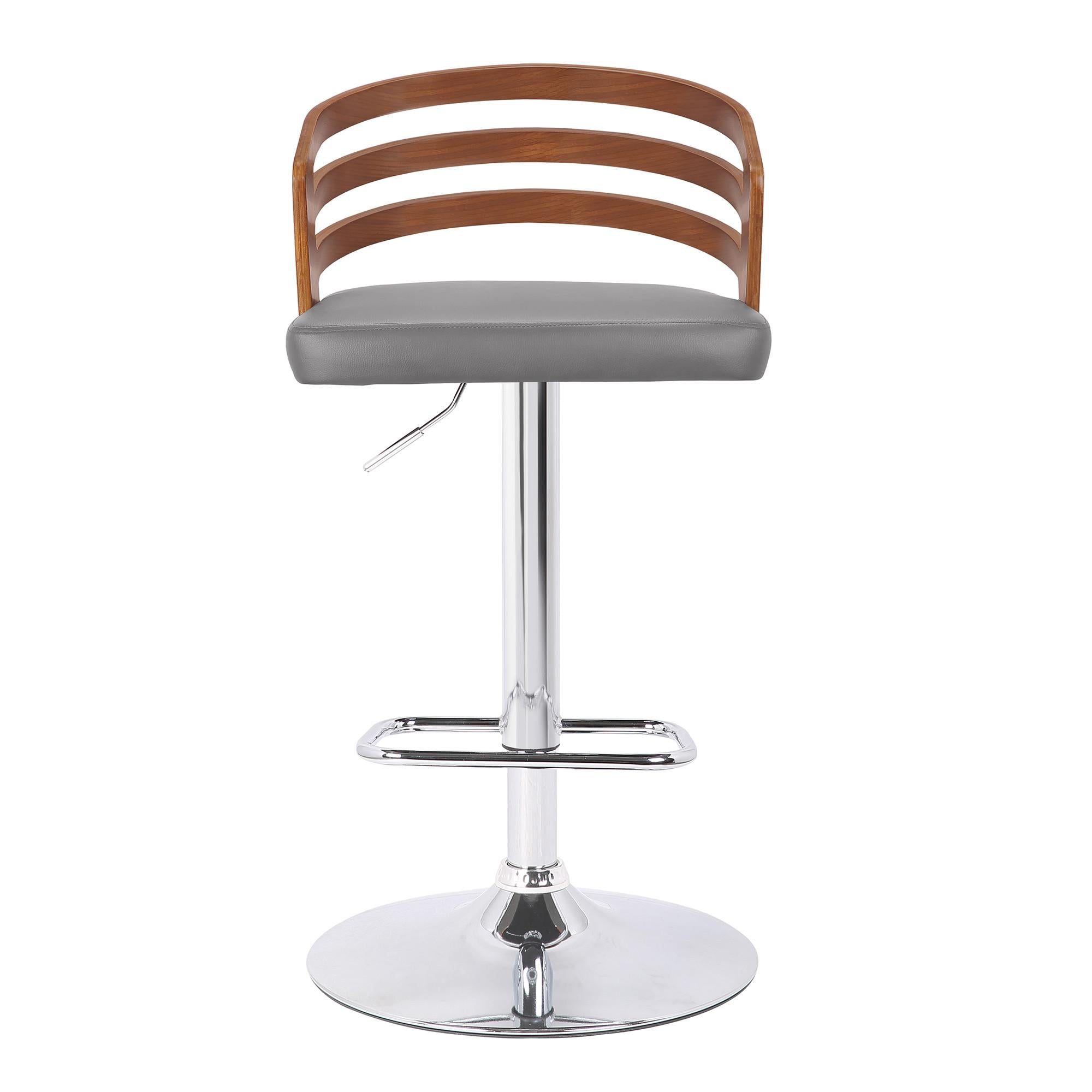 Gray Faux Leather Walnut Wood and Chrome Adjustable Swivel Bar Stool