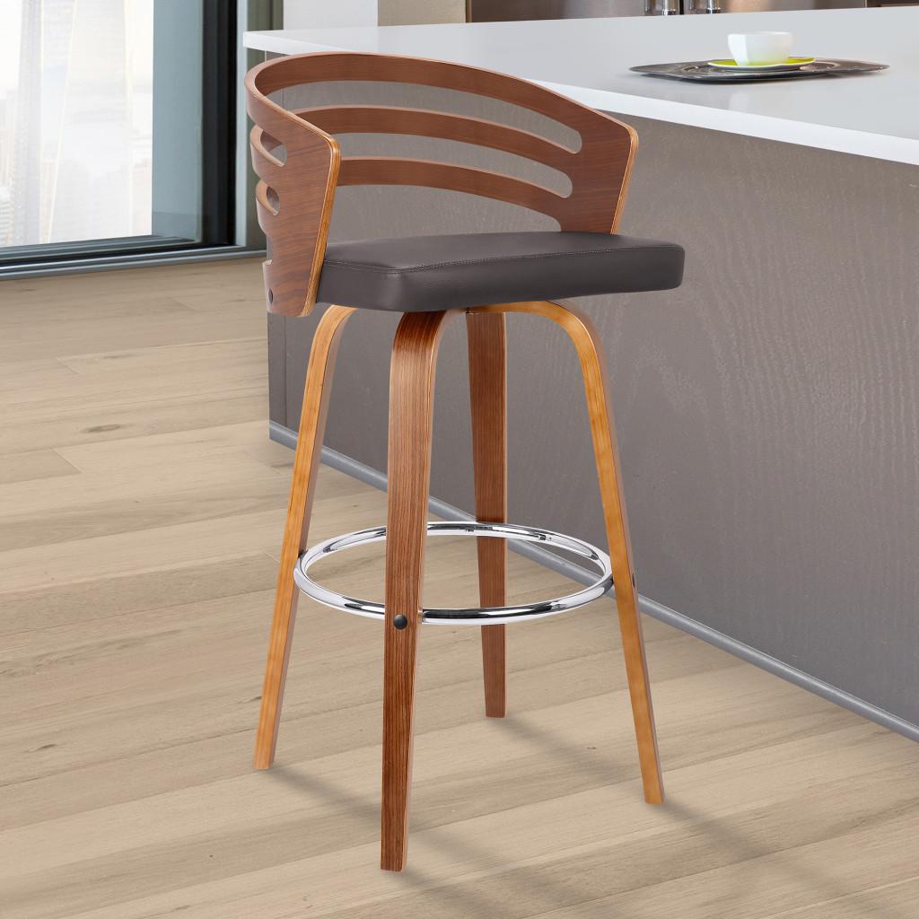 30” Brown Modern Faux Leather Swivel Bar Stool