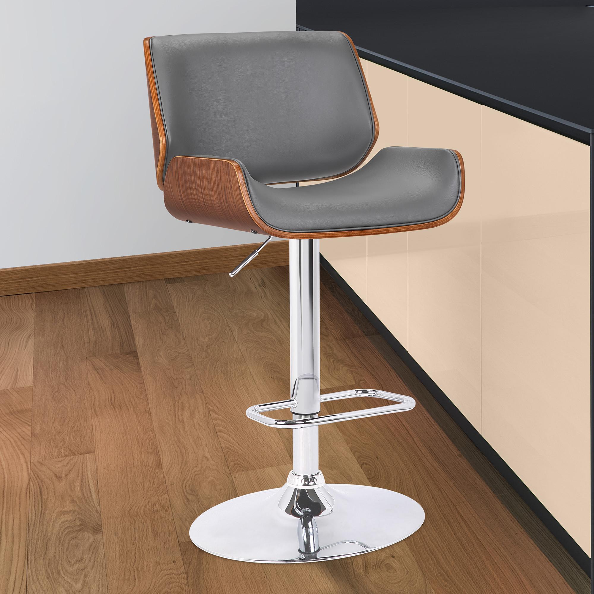 Gray Upholstered Chrome Base Adjustable Bar Stool