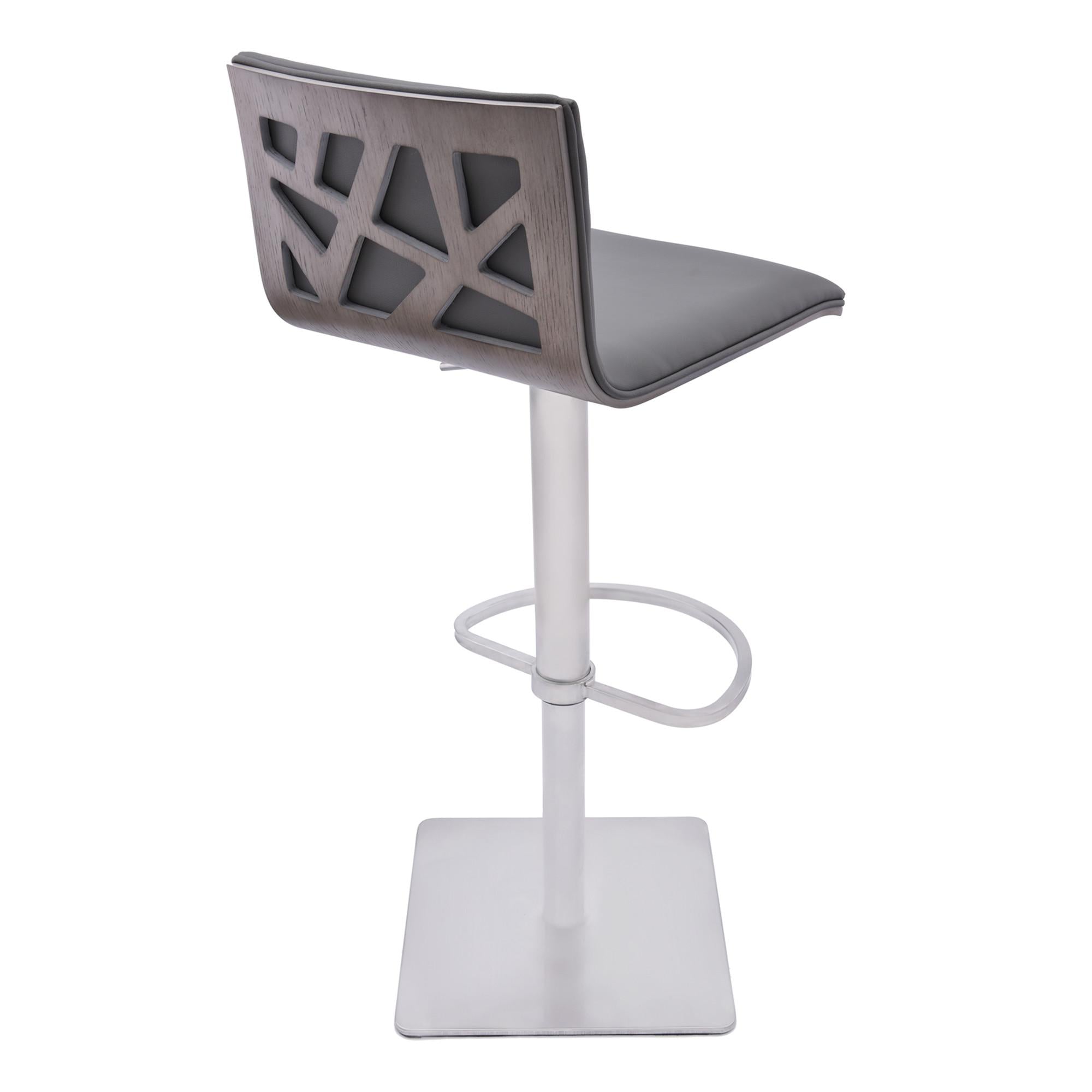 Adjustable Grey Faux Leather Walnut and Stainless Swivel Bar Stool