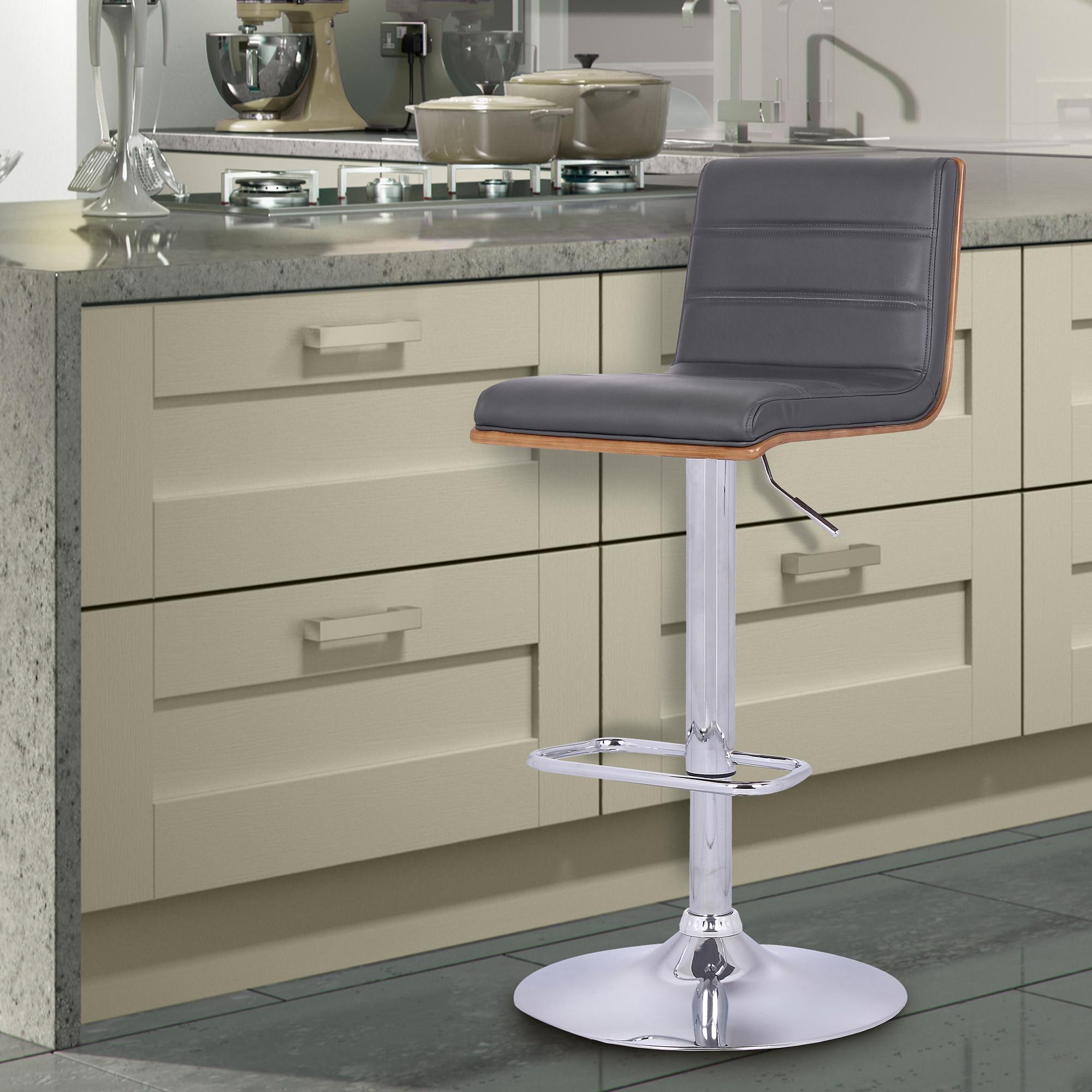 Grey Faux Leather Walnut and Chrome Adjustable Swivel Bar Stool