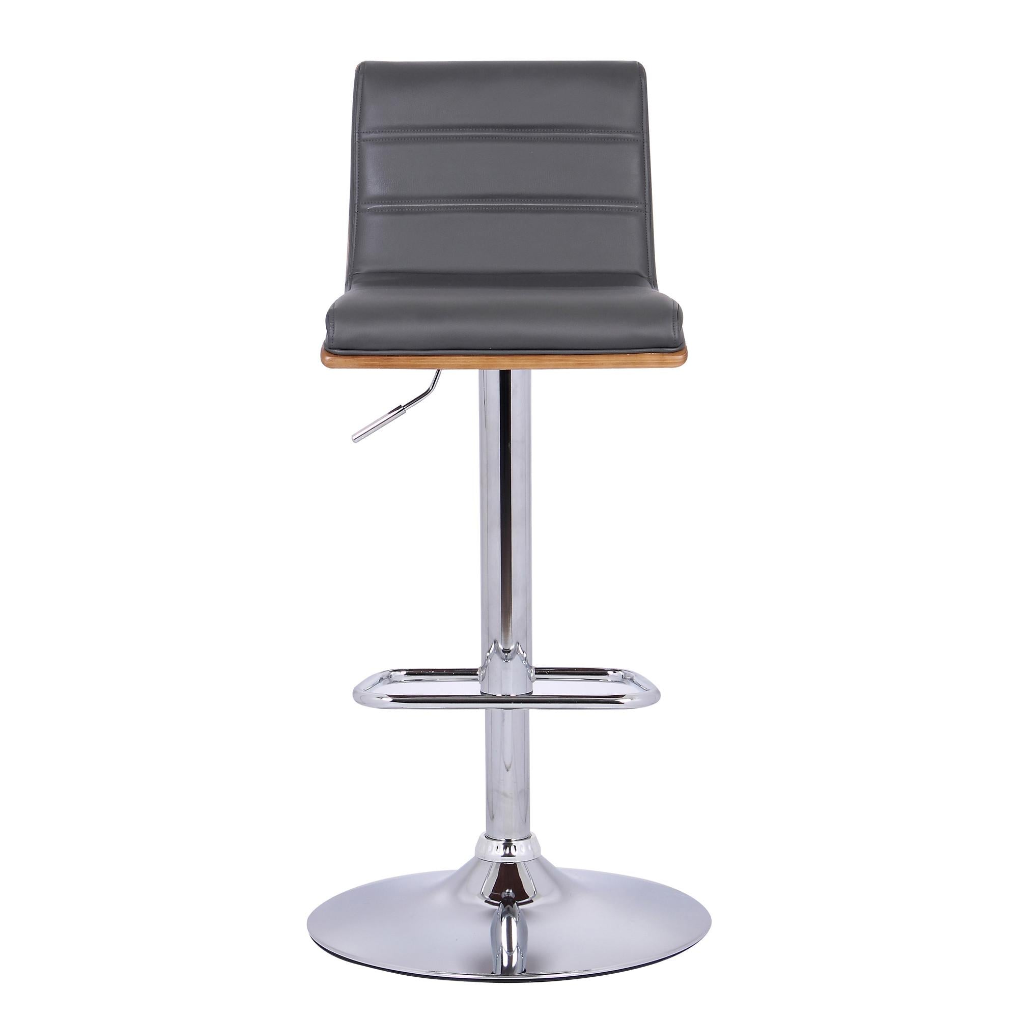 Grey Faux Leather Walnut and Chrome Adjustable Swivel Bar Stool