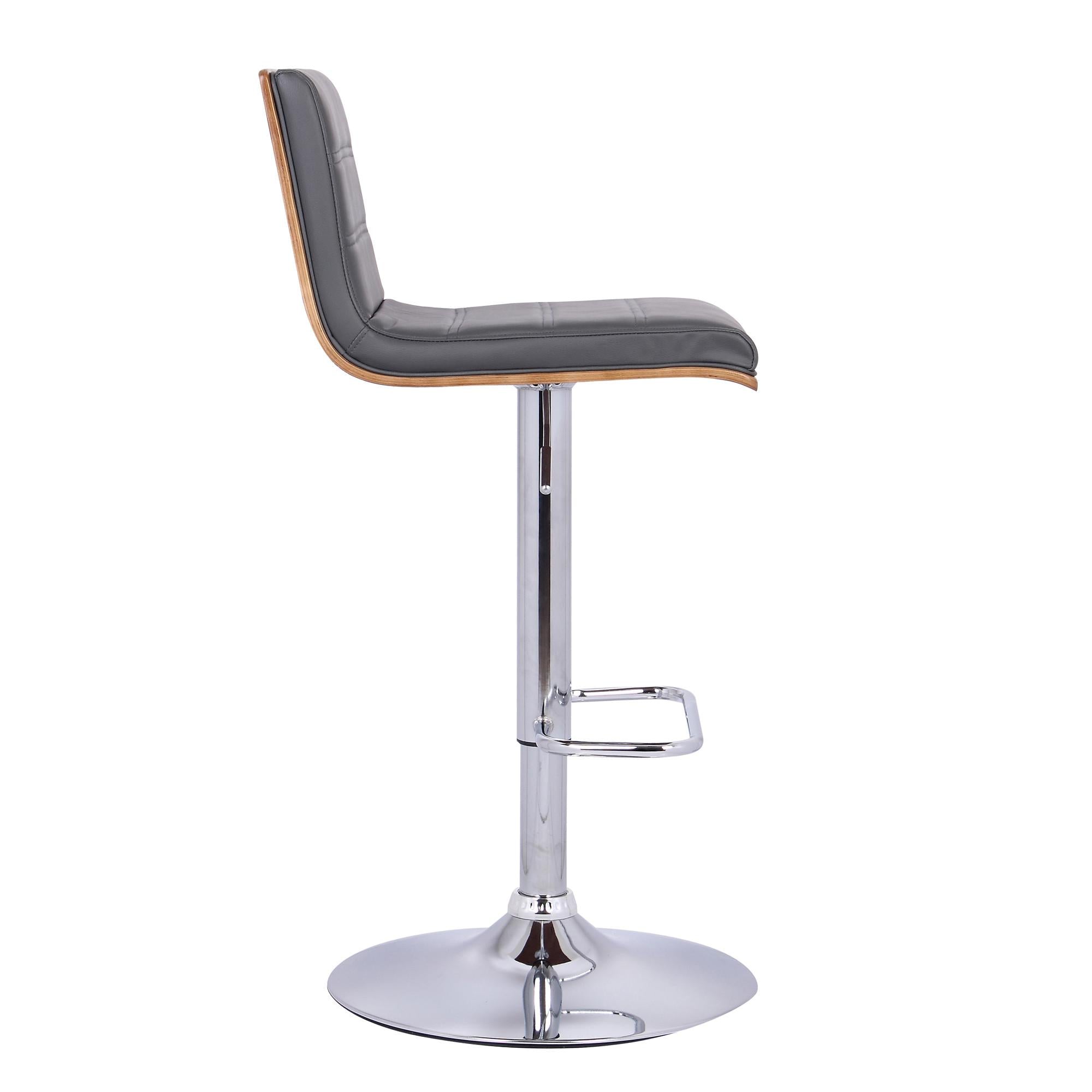 Grey Faux Leather Walnut and Chrome Adjustable Swivel Bar Stool