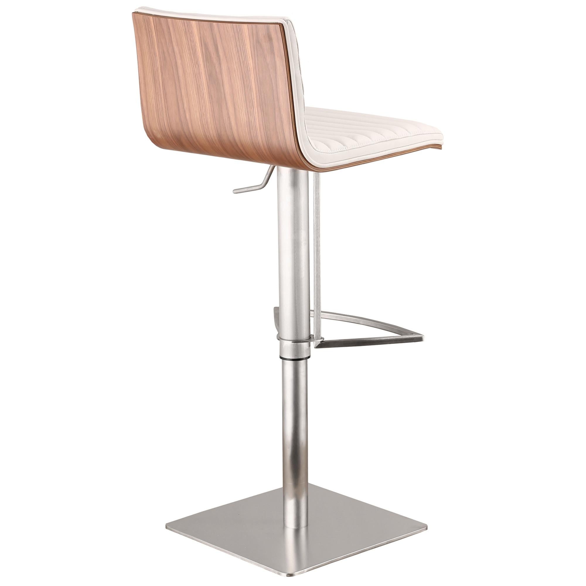 White Faux Leather Armless Swivel Bar Stool with Brushed Stainless Steel Base