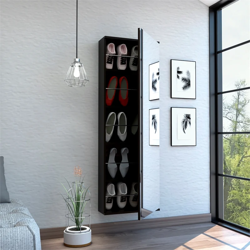 Stylish Black Wengue  Wall Mounted Shoe Rack with Mirror Default Title