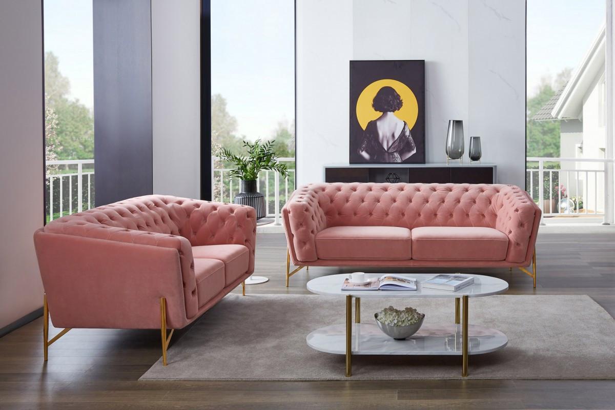 Stylish Pink Velvet  Loveseat With Diamond Tufts