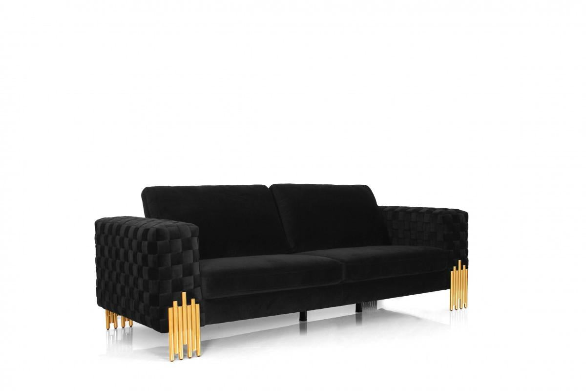 Stylish Black Velvet And Gold Accent Sofa