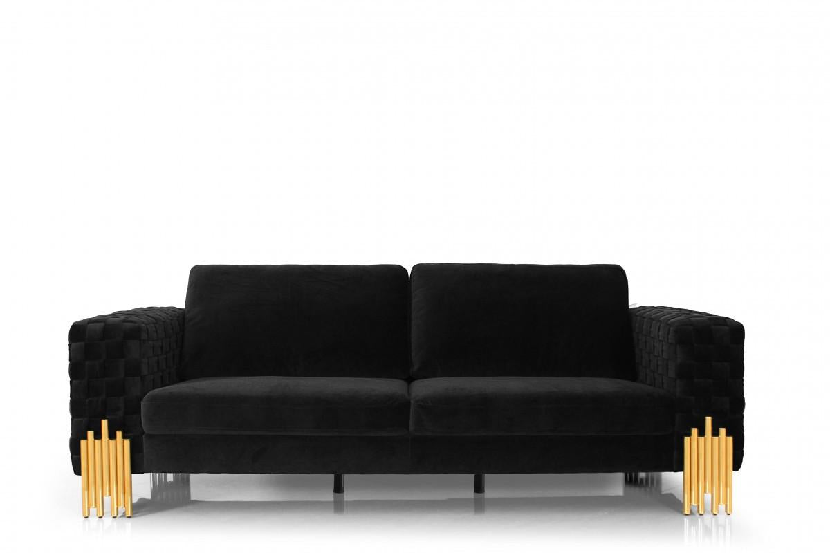 Stylish Black Velvet And Gold Accent Sofa