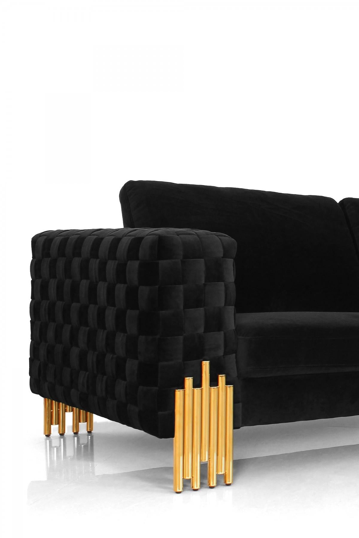 Stylish Black Velvet And Gold Accent Sofa