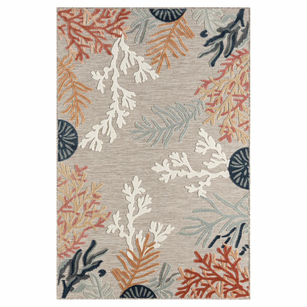5' X 7' Grey Beige Orange Blue And White Coastal Coral Indoor Outdoor Area Rug Default Title