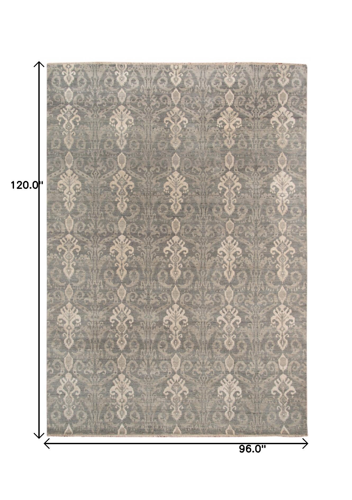 8' X 10' Gray Pearl Wool Damask Handmade Area Rug