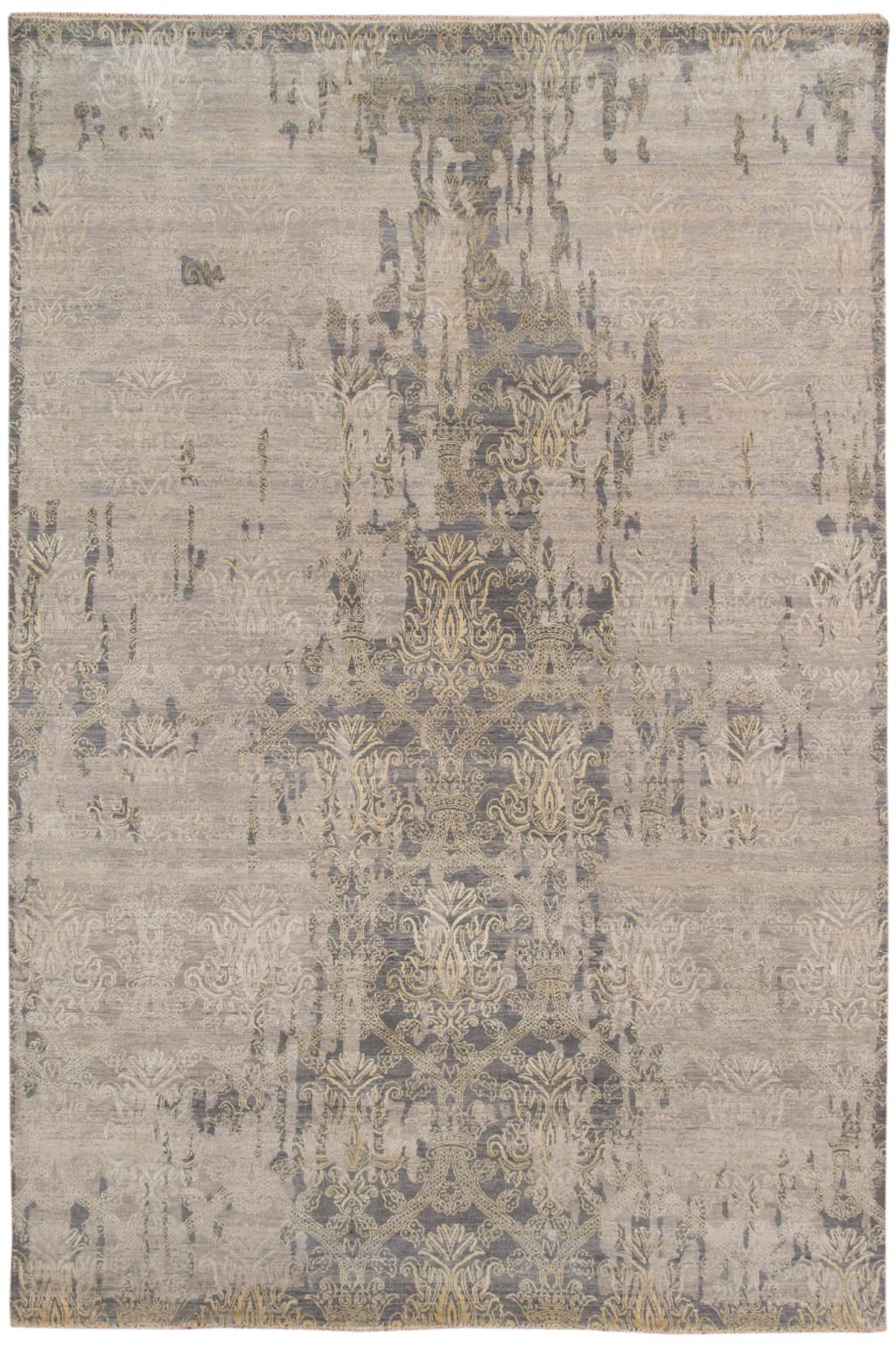 8' X 10' Gray Pearl New Zealand Lambs Wool Damask Distressed Area Rug With Fringe