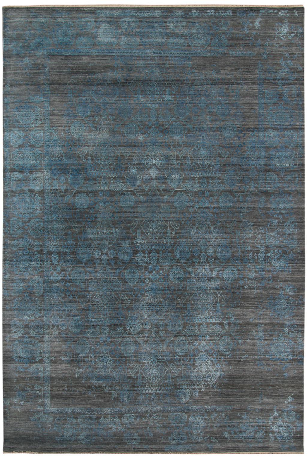 8' X 10' Dark Gray And Blue New Zealand Lambs Wool Damask Hand Knotted Area Rug With Fringe Default Title