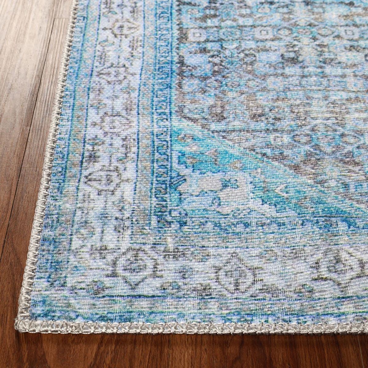 8' Shades Of Azure Oriental Power Loom Stain Resistant Runner Rug