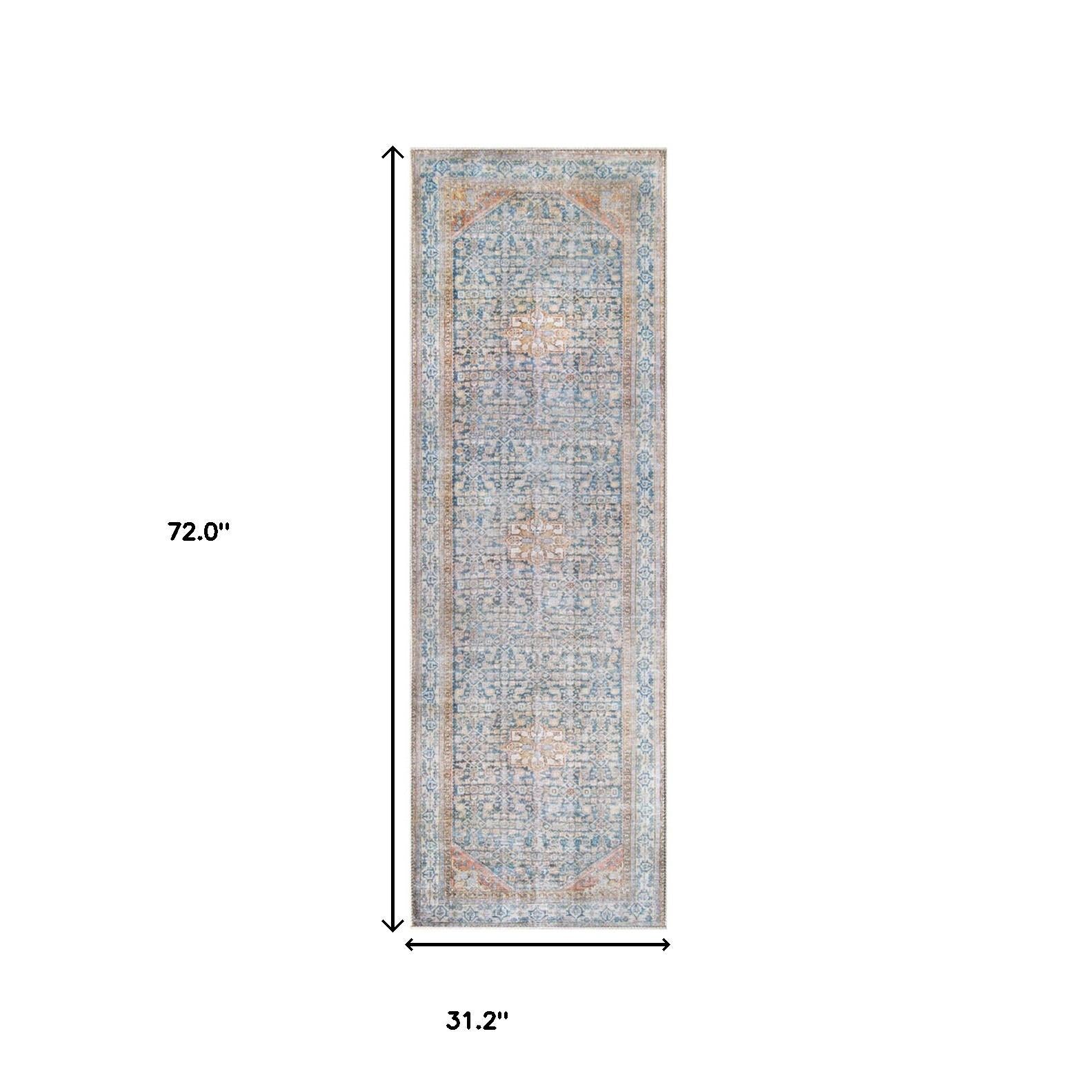 8' Runner Latte and Blue Oriental Medallion Runner Rug