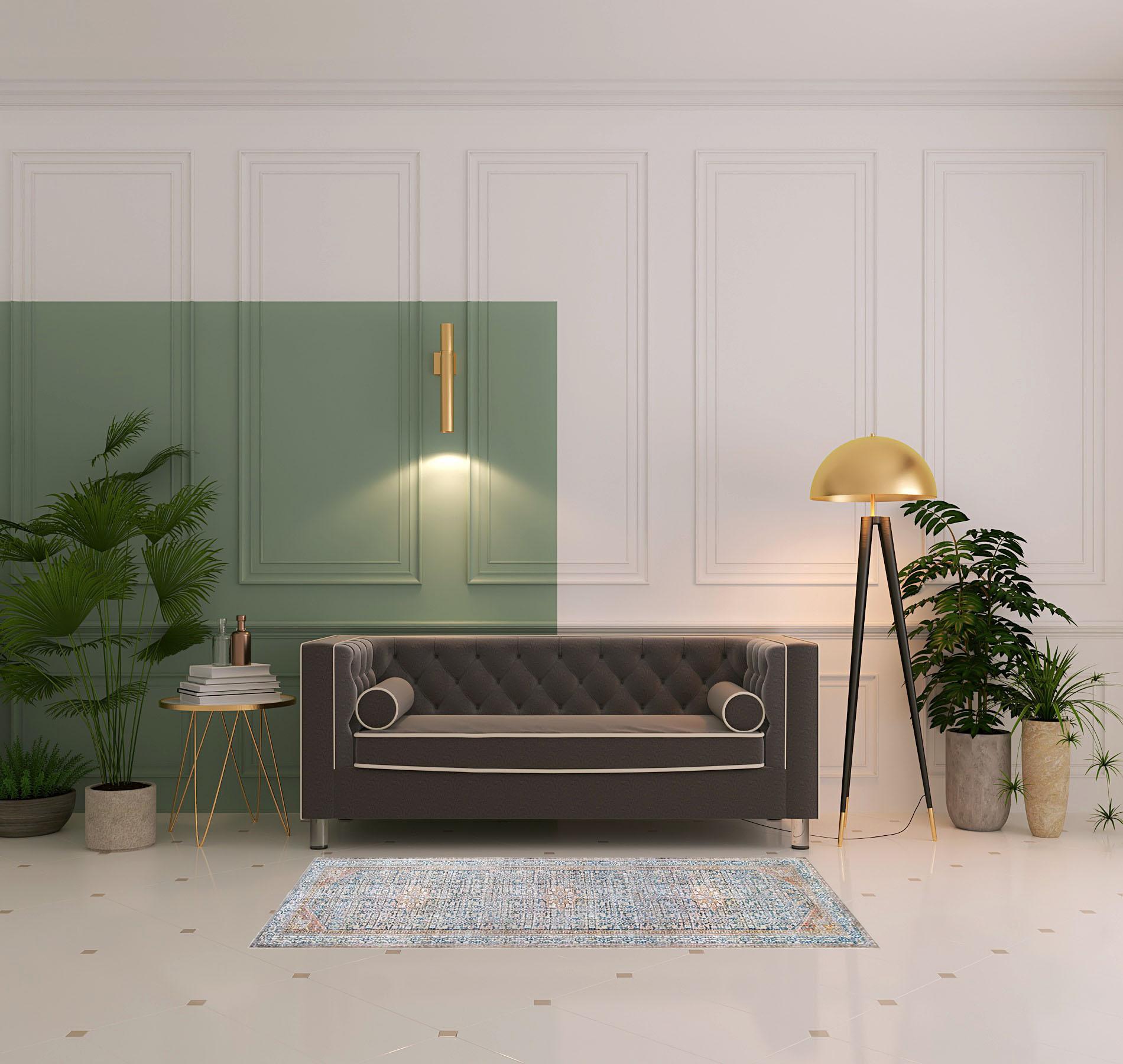 8' Runner Latte and Blue Oriental Medallion Runner Rug