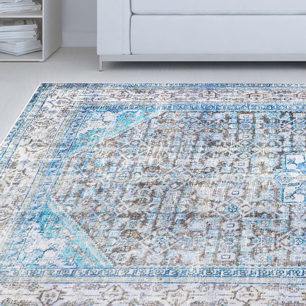 5' X 8' Shades Of Azure Oriental Stain Resistant Area Rug