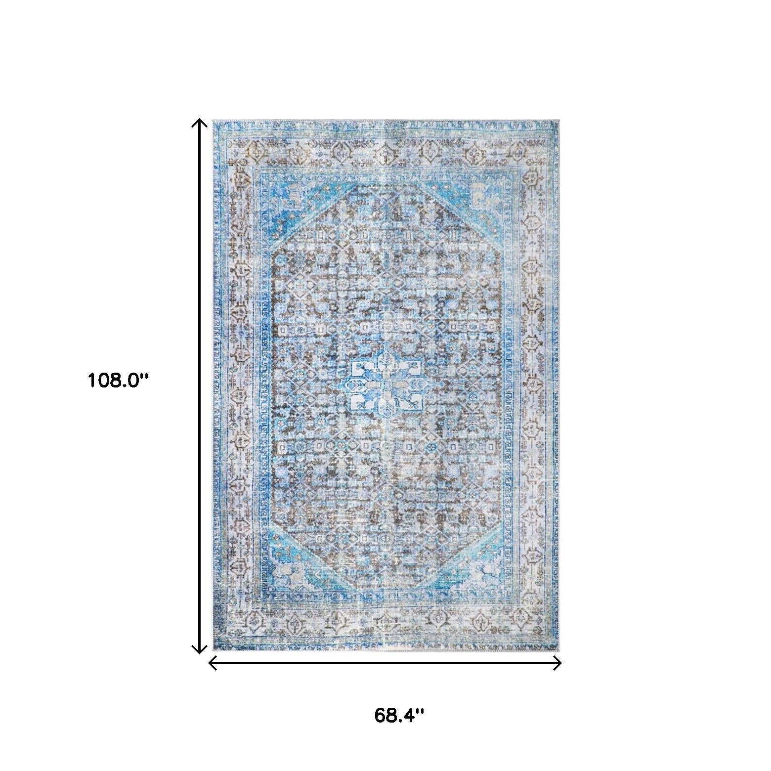 5' X 8' Shades Of Azure Oriental Stain Resistant Area Rug