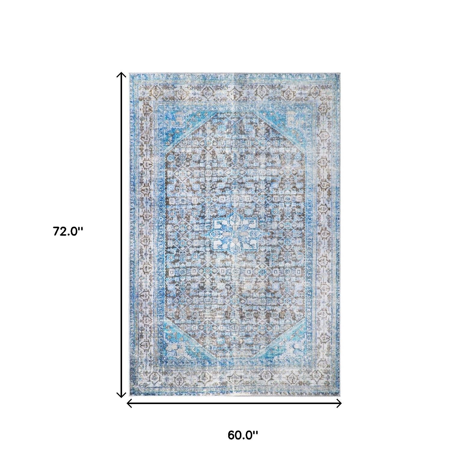 5' X 7' Shades Of Azure Oriental Medallion Stain Resistant Area Rug