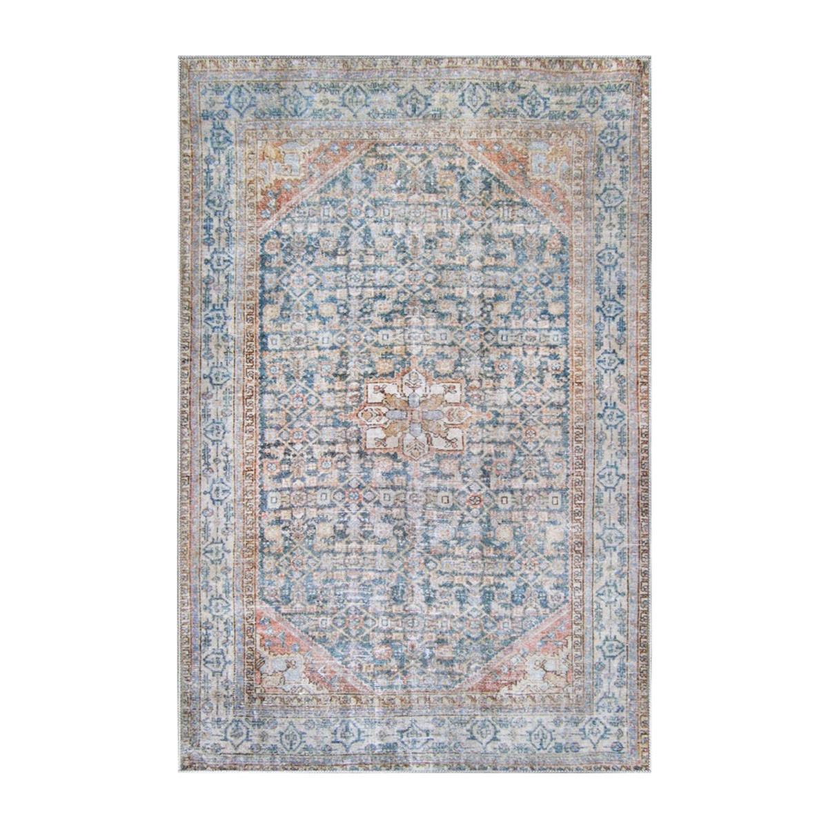 5' X 7' Latte and Blue Oriental Medallion Stain Resistant Area Rug Default Title