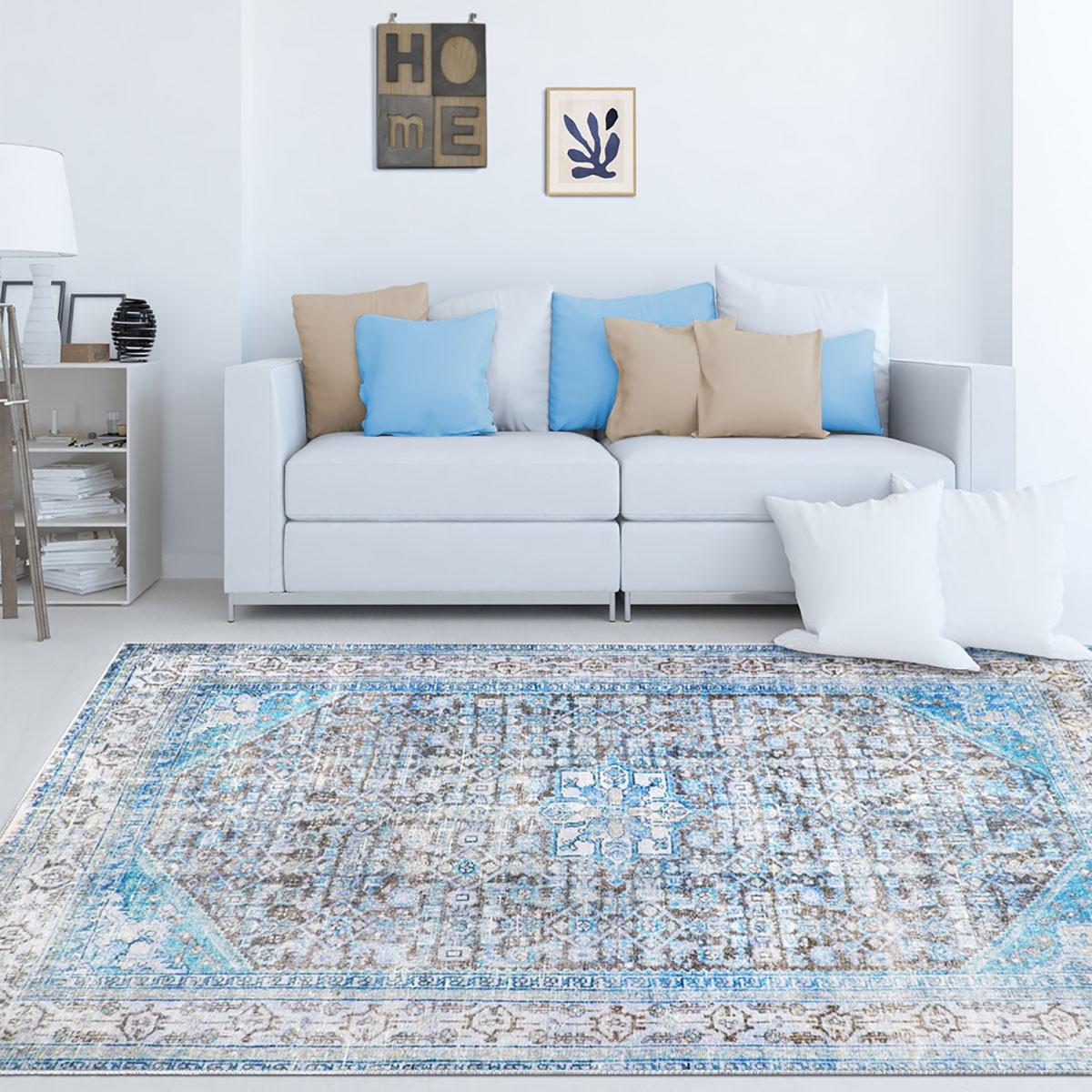 7' X 9' Shades Of Azure Oriental Medallion Area Rug