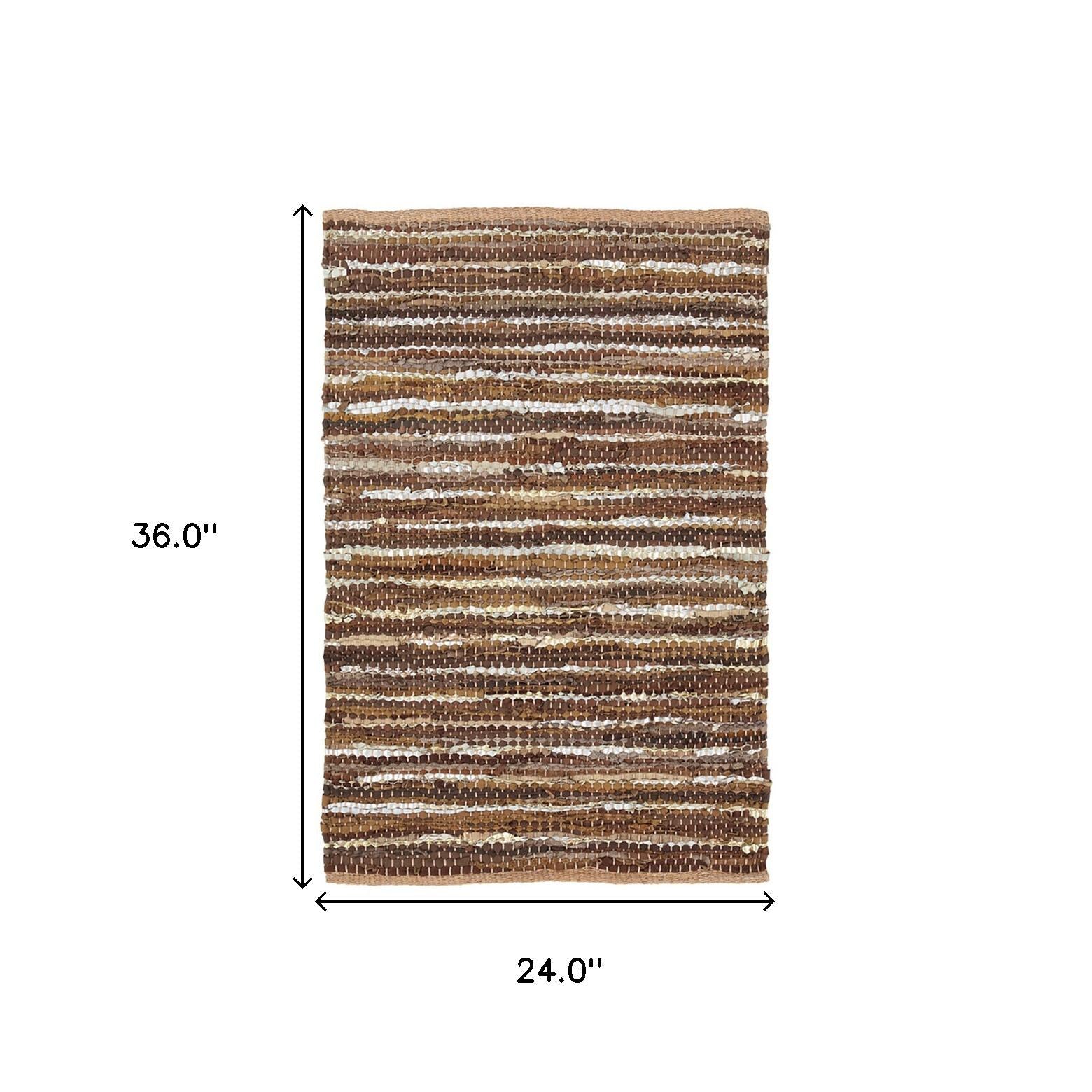 2' X 3' Rustic Earth Brown Striped Handmade Leather Blend Area Rug