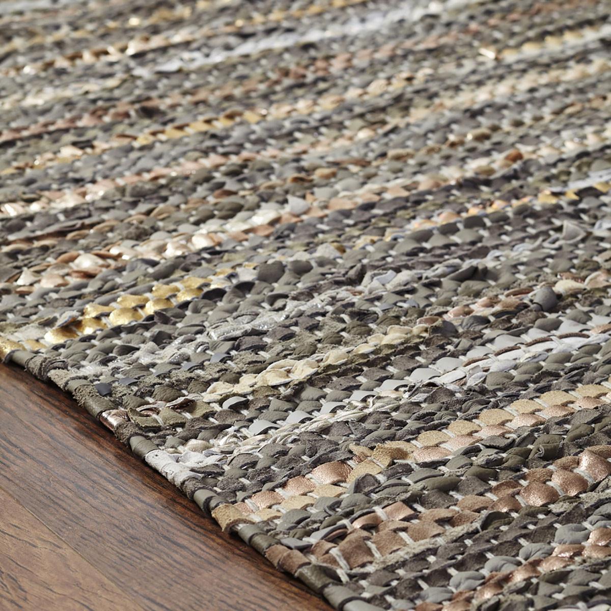 2' X 3' Dusty Grey Striped Handmade Leather Area Rug