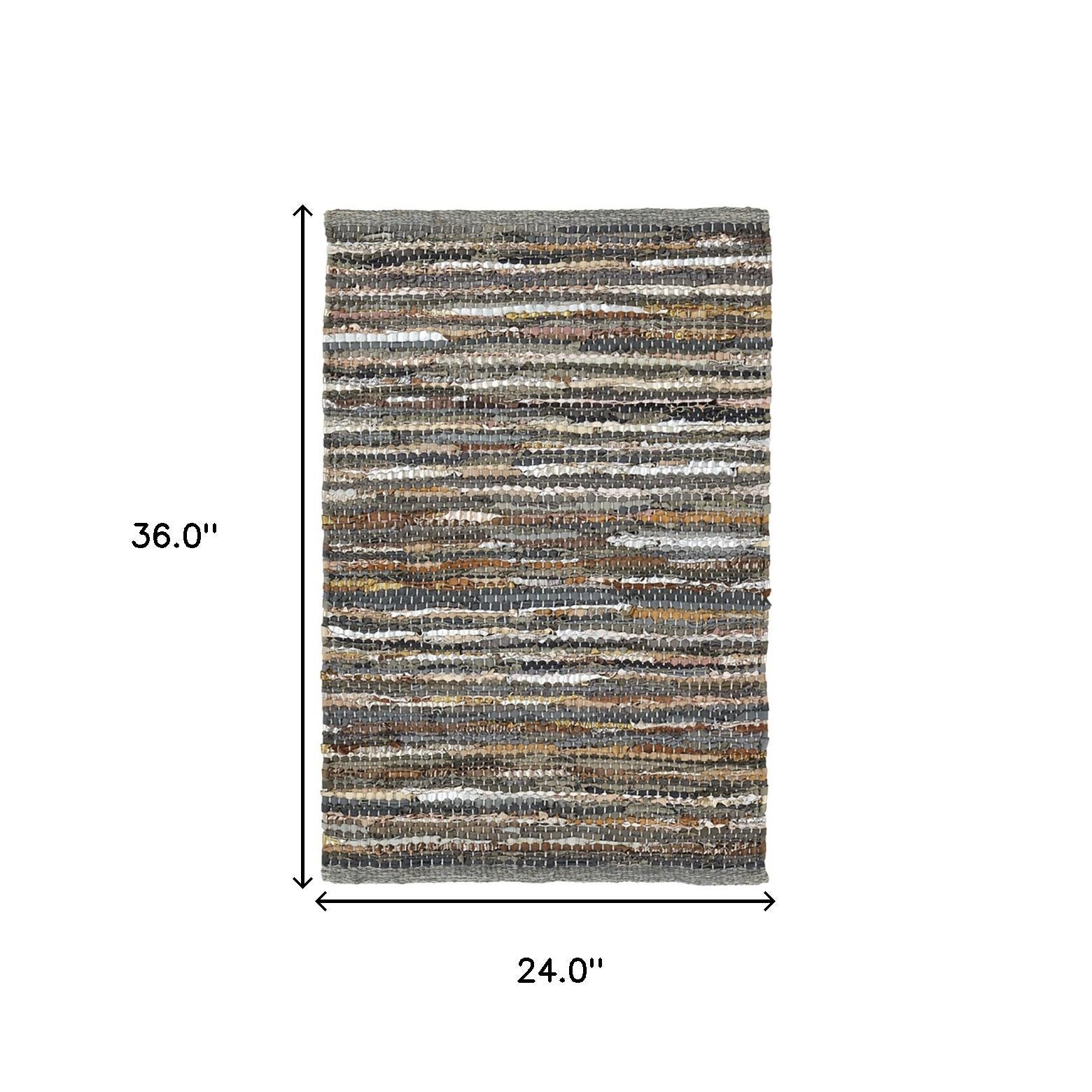 2' X 3' Dusty Grey Striped Handmade Leather Area Rug