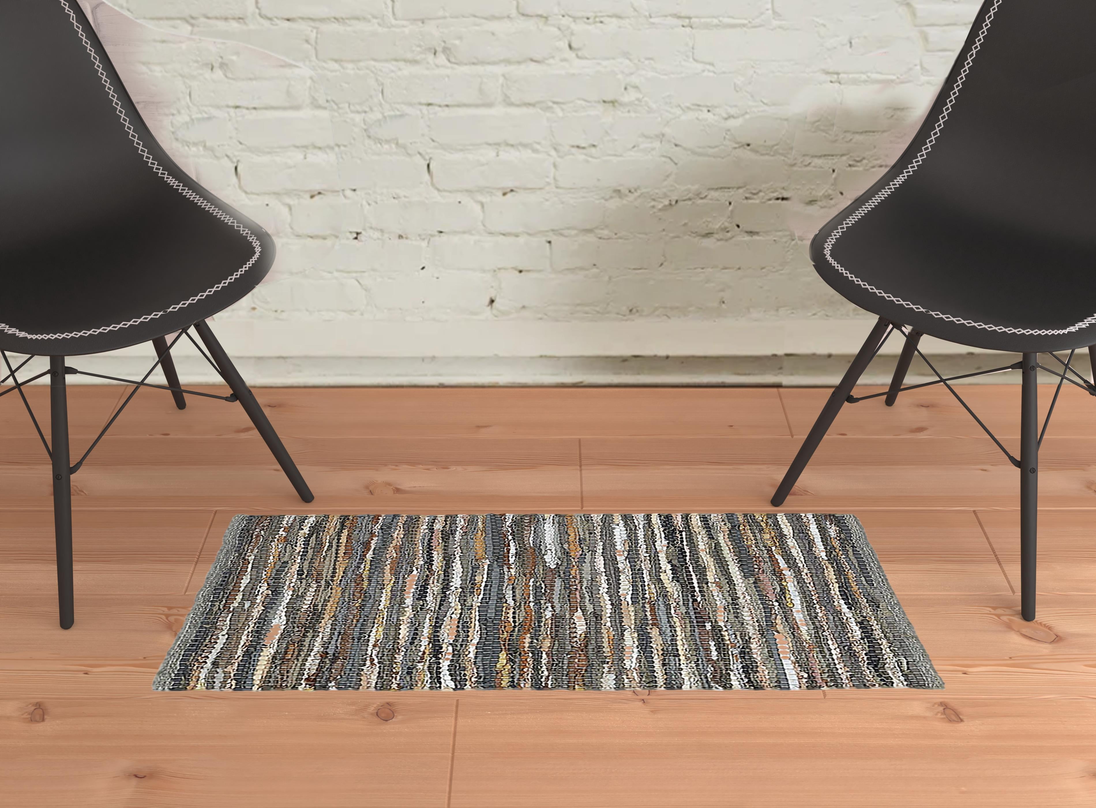 2' X 3' Dusty Grey Striped Handmade Leather Area Rug