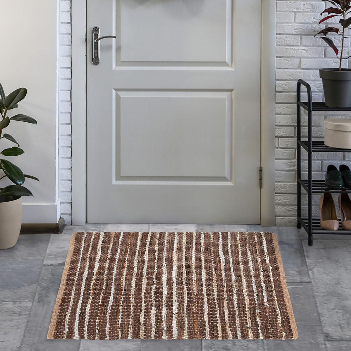 2' X 3' Desert Taupe Striped Handmade Leather Area Rug