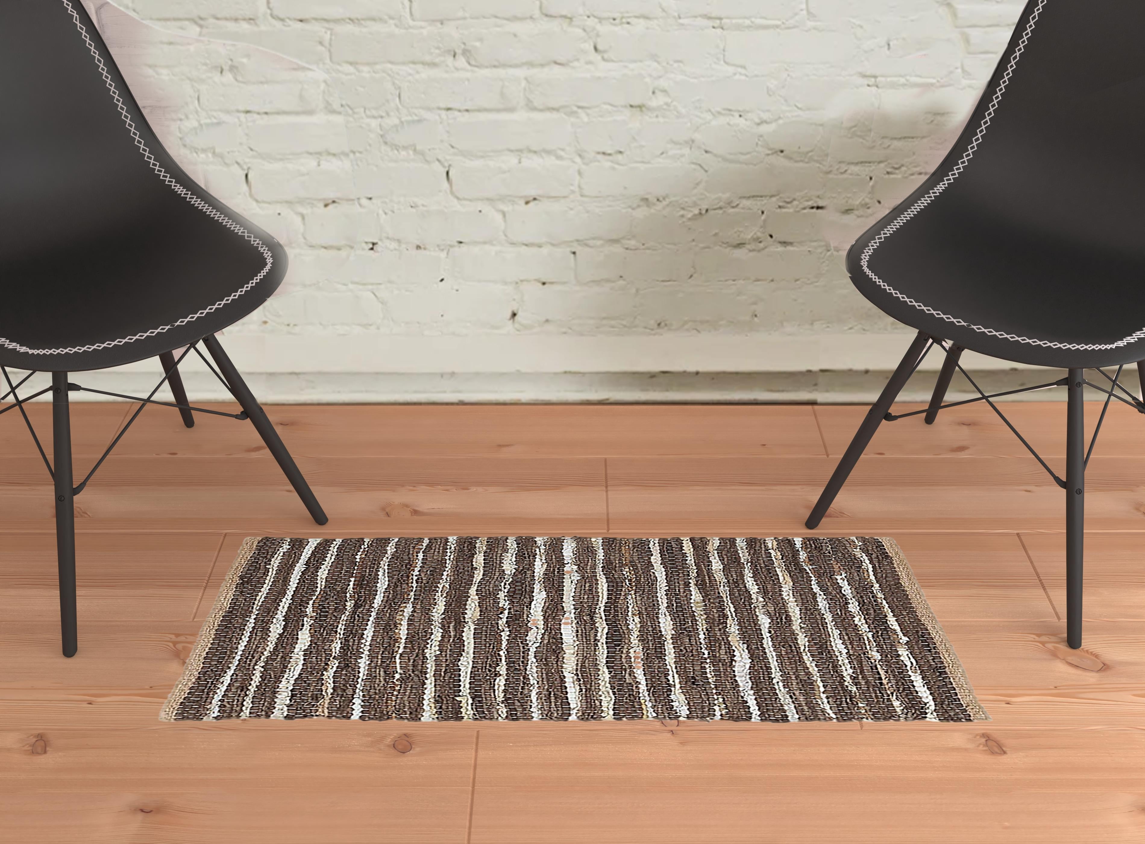 2' X 3' Desert Taupe Striped Handmade Leather Area Rug