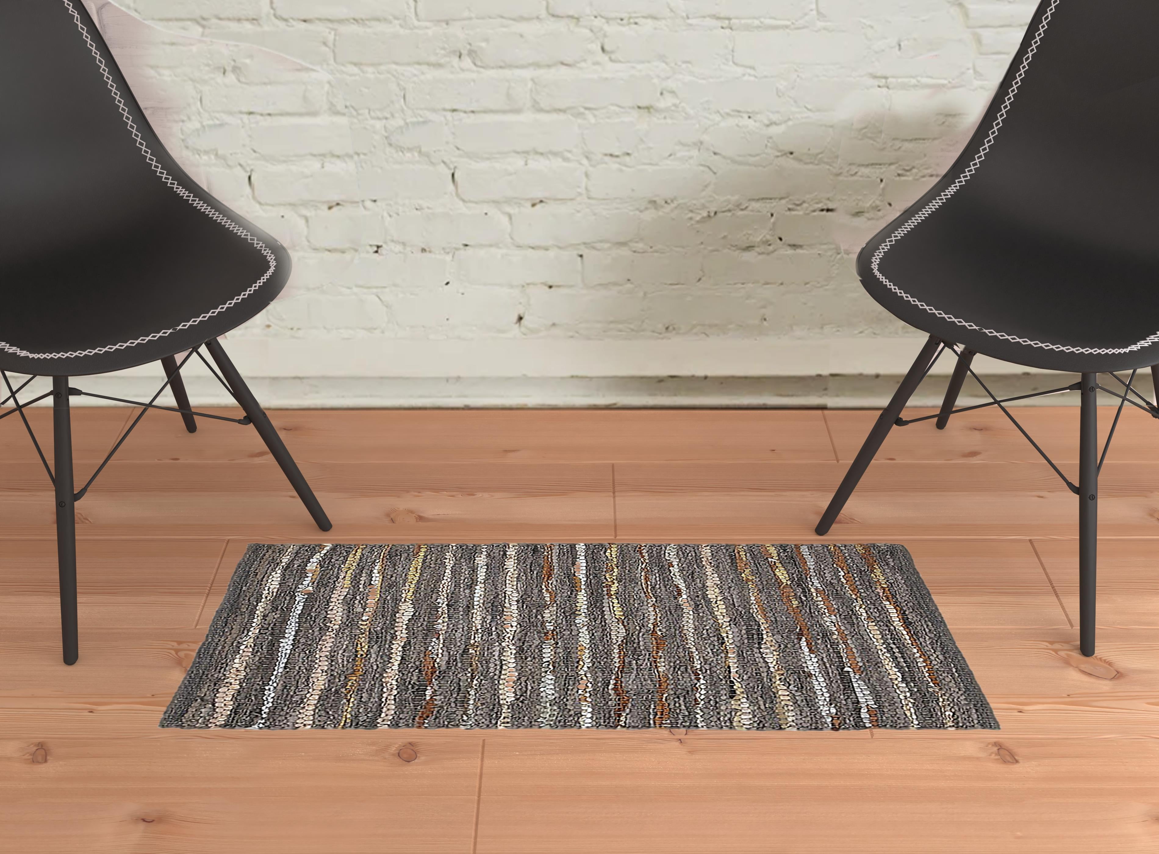 2' X 3' Fossil Striped Handmade Leather Area Rug