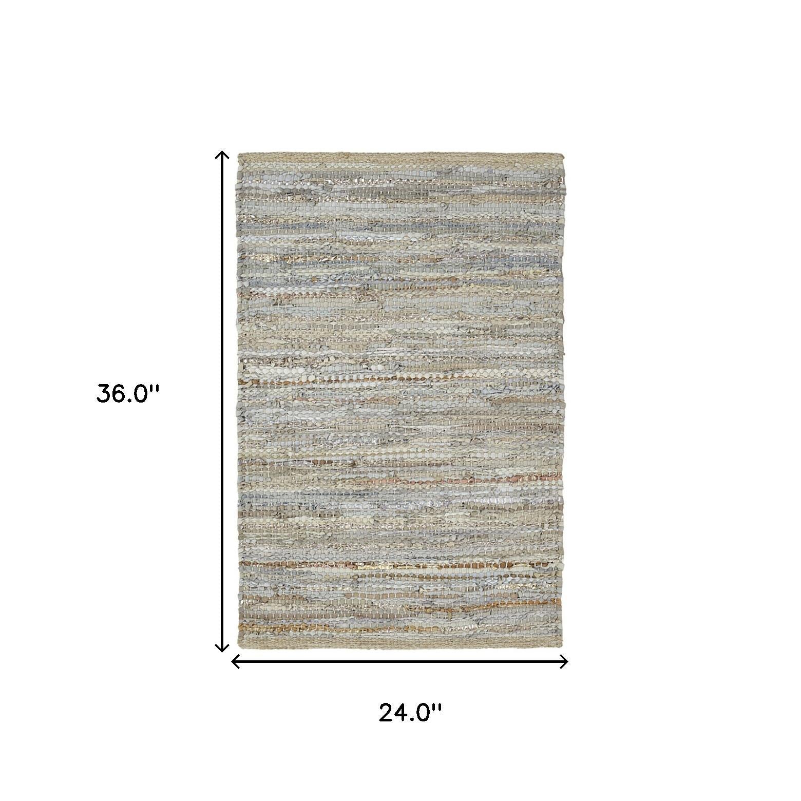 2' X 3' Oatmeal Striped Handmade Leather Area Rug