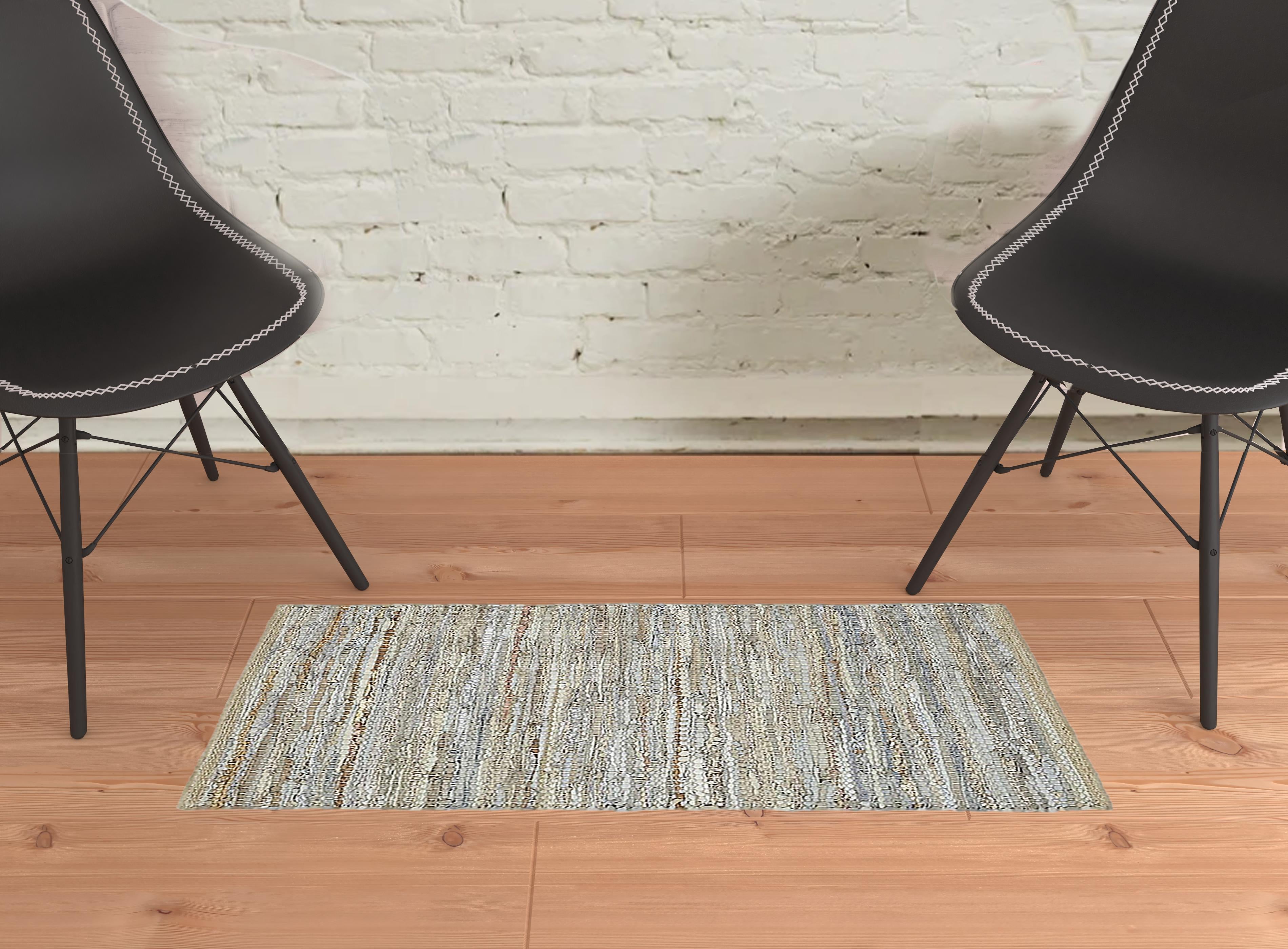 2' X 3' Oatmeal Striped Handmade Leather Area Rug