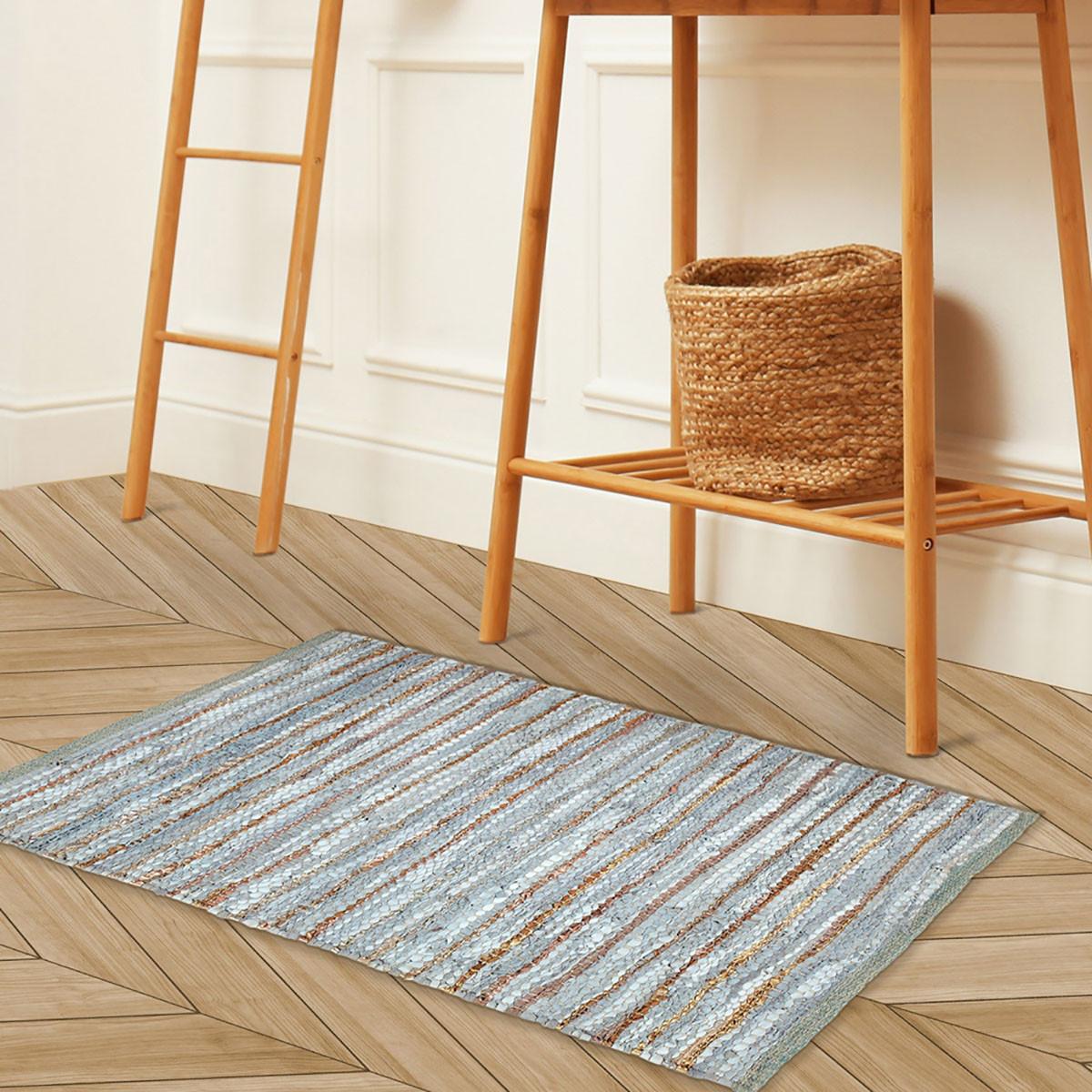 2' X 3' Smoked Grey Striped Handmade Leather Area Rug