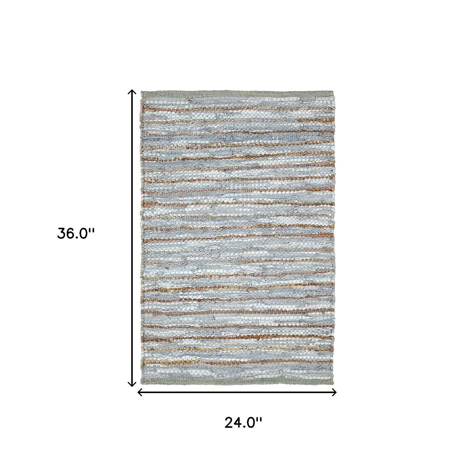 2' X 3' Smoked Grey Striped Handmade Leather Area Rug