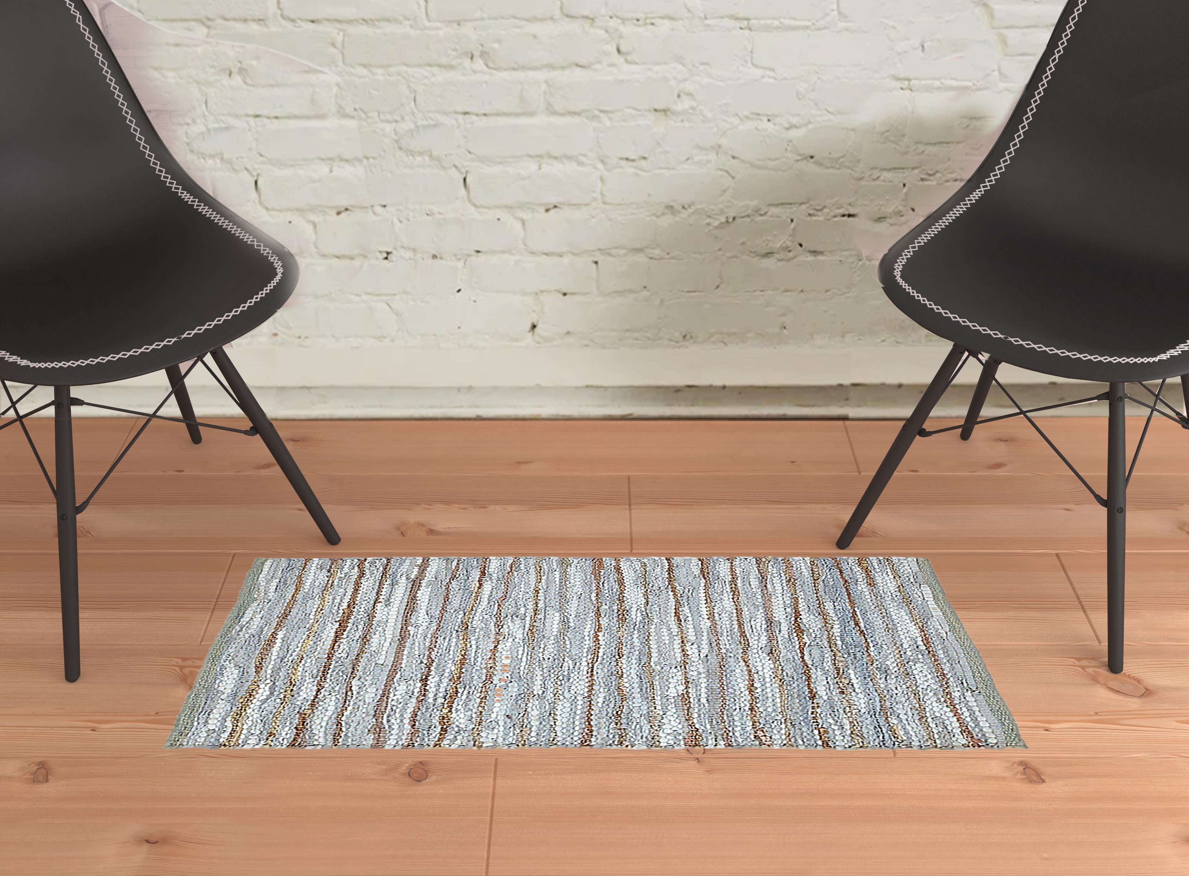 2' X 3' Smoked Grey Striped Handmade Leather Area Rug