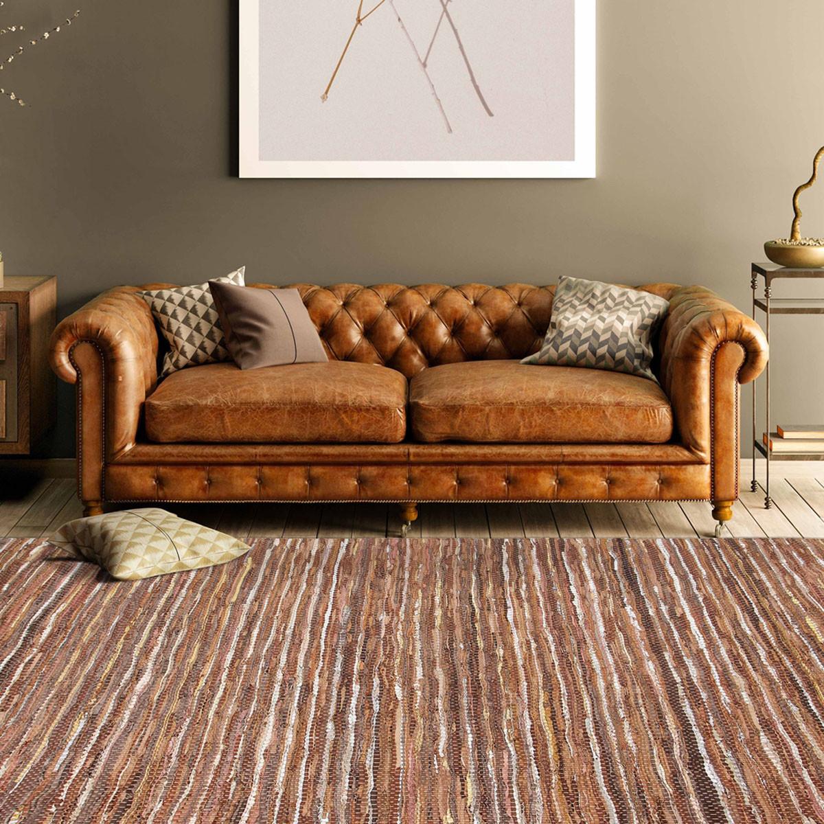 5' X 8' Rustic Earth Brown Striped Handmade Leather Blend Area Rug