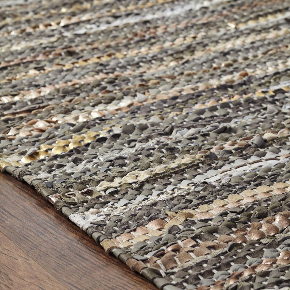 5' X 8' Dusty Grey Striped Handmade Leather Area Rug