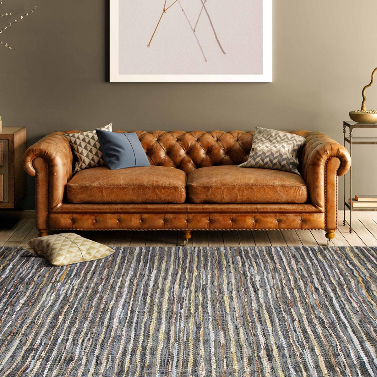 5' X 8' Dusty Grey Striped Handmade Leather Area Rug